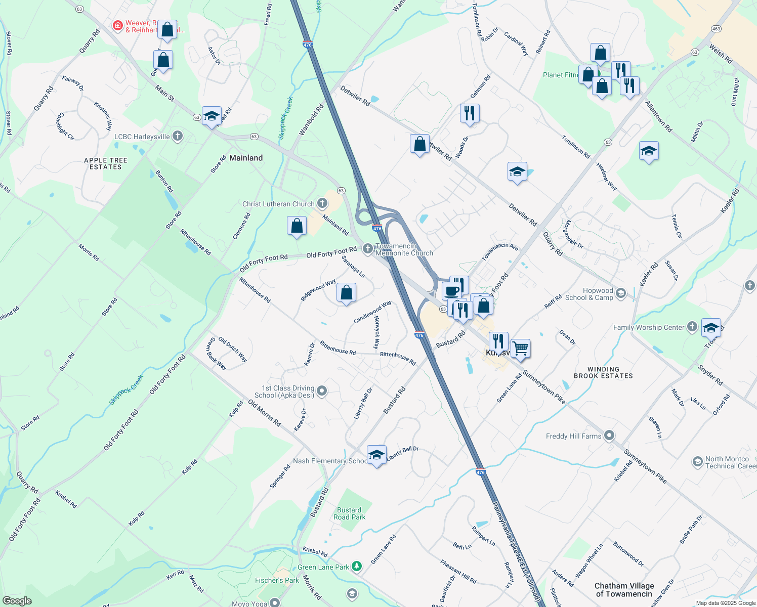 map of restaurants, bars, coffee shops, grocery stores, and more near 307 Candlewood Way in Harleysville