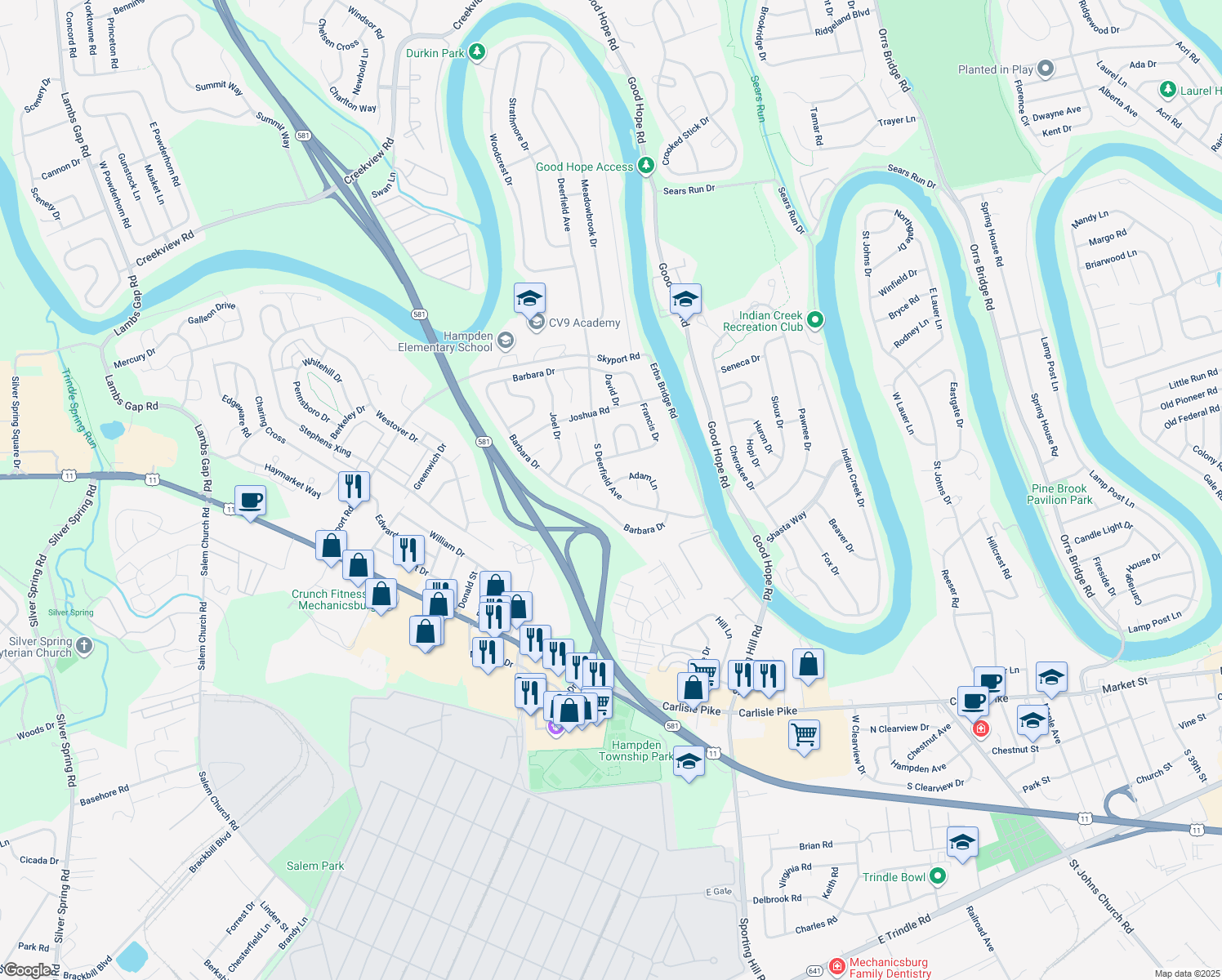 map of restaurants, bars, coffee shops, grocery stores, and more near 5116 South Deerfield Avenue in Mechanicsburg