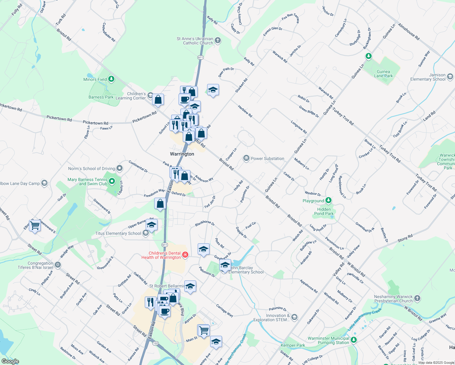 map of restaurants, bars, coffee shops, grocery stores, and more near 2191 Winterberry Court in Warrington