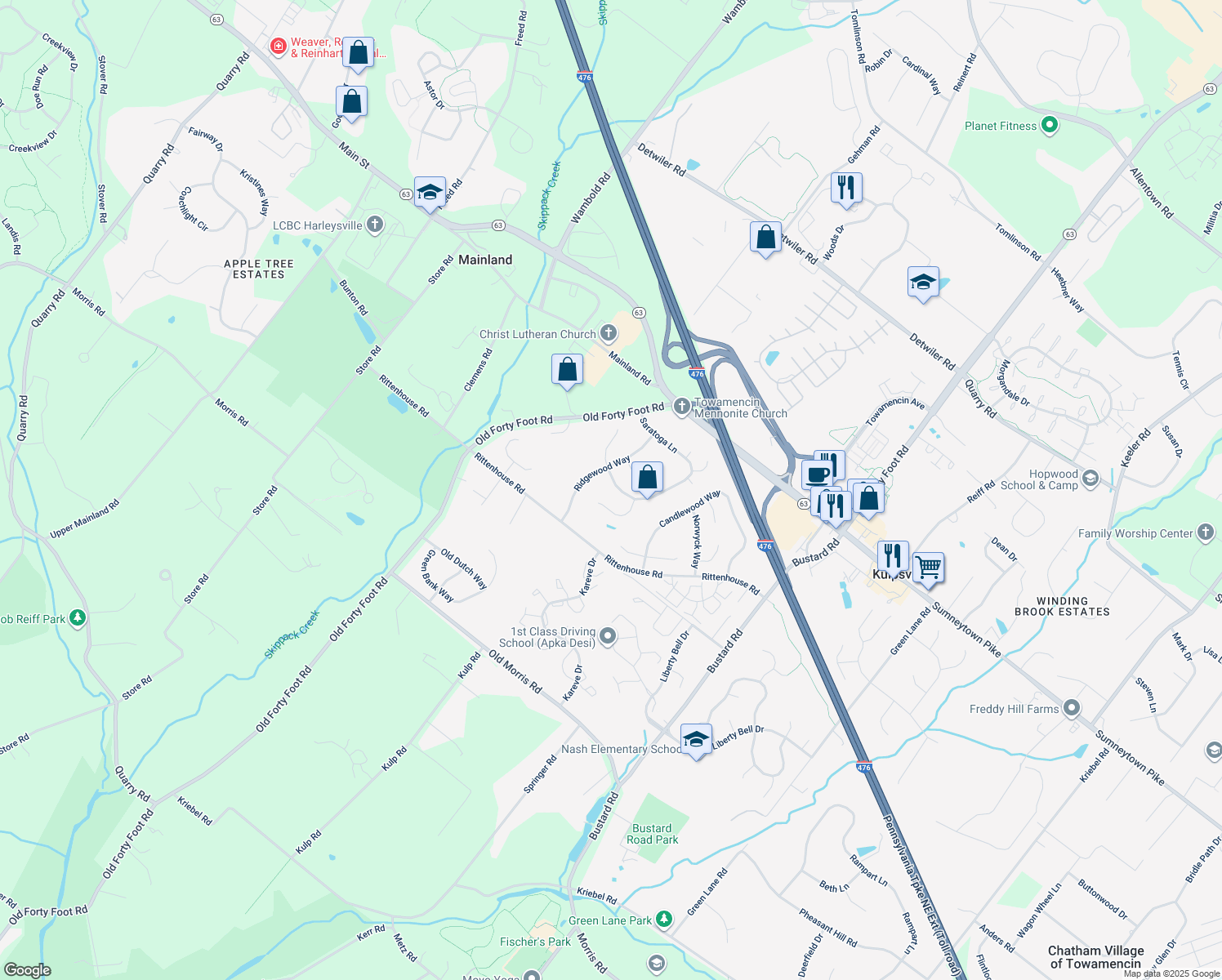 map of restaurants, bars, coffee shops, grocery stores, and more near 53 Saratoga Lane in Harleysville
