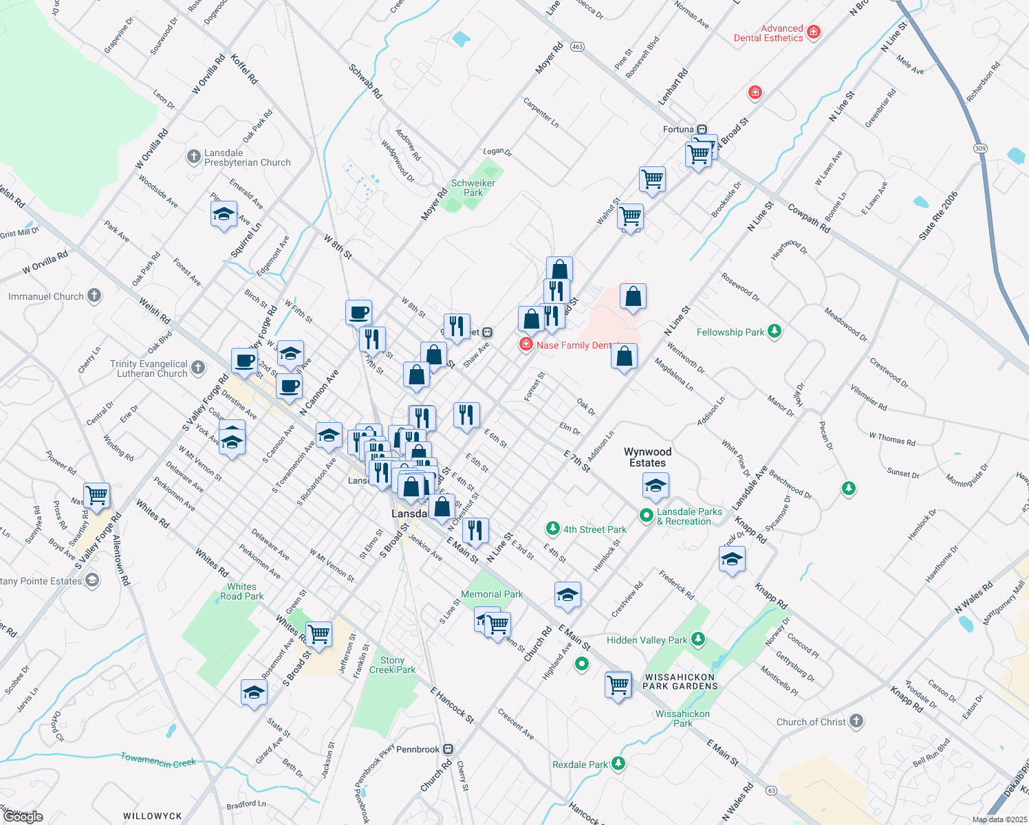 map of restaurants, bars, coffee shops, grocery stores, and more near 25 E 7th St in Lansdale