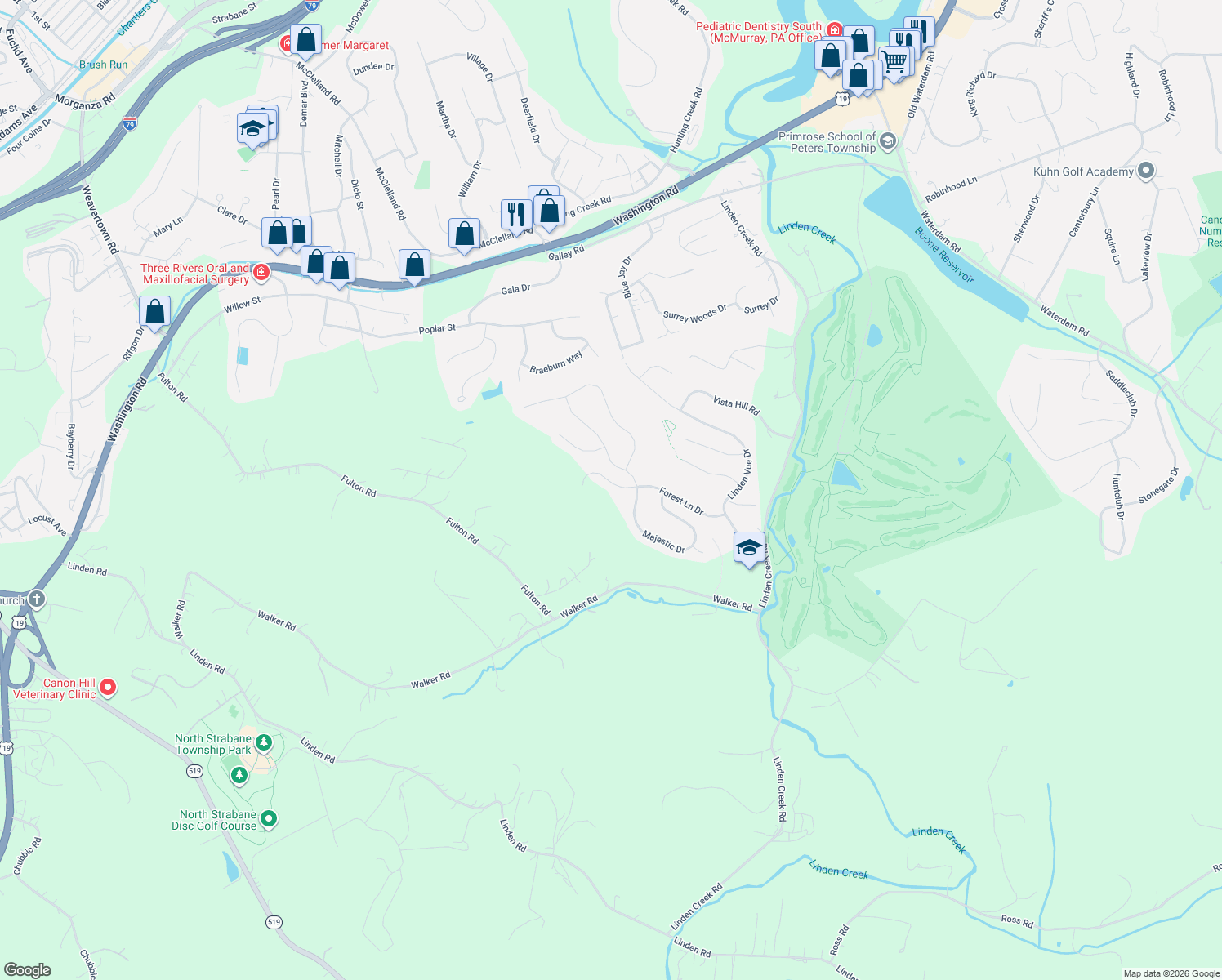 map of restaurants, bars, coffee shops, grocery stores, and more near 1027 Forest Lane Drive in Canonsburg
