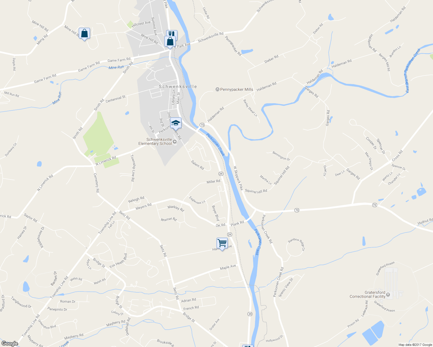 map of restaurants, bars, coffee shops, grocery stores, and more near 122 Salem Road in Schwenksville