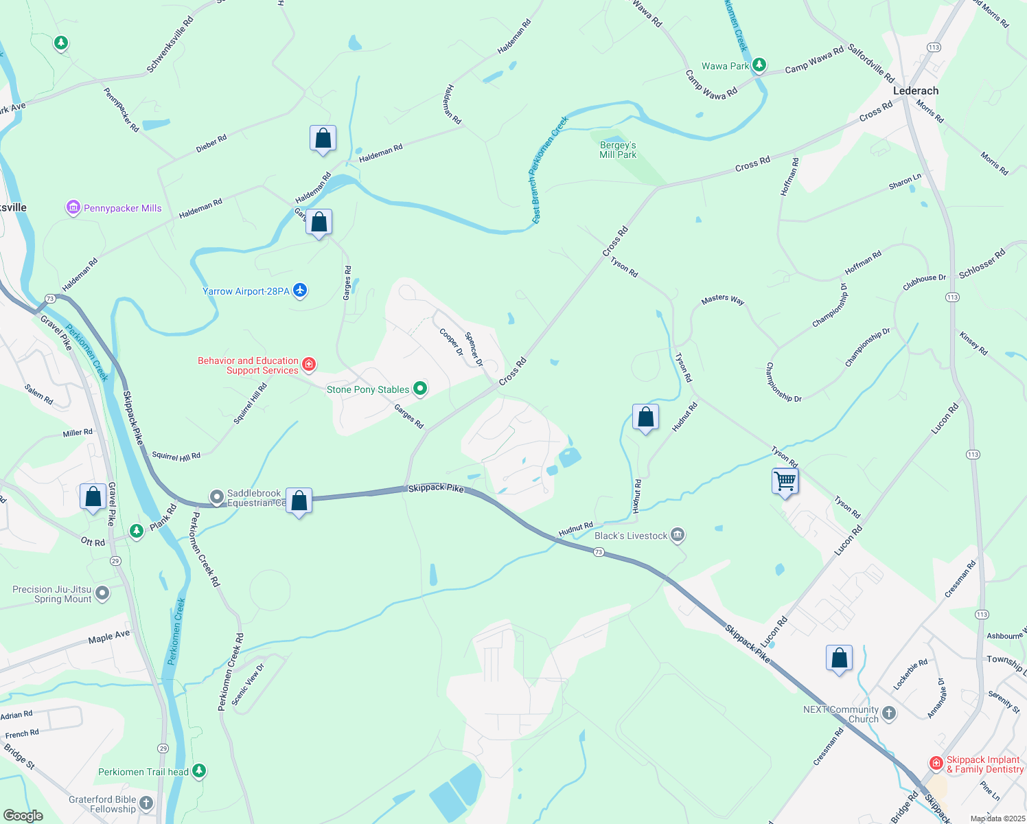 map of restaurants, bars, coffee shops, grocery stores, and more near 2253 Chandler Lane in Schwenksville