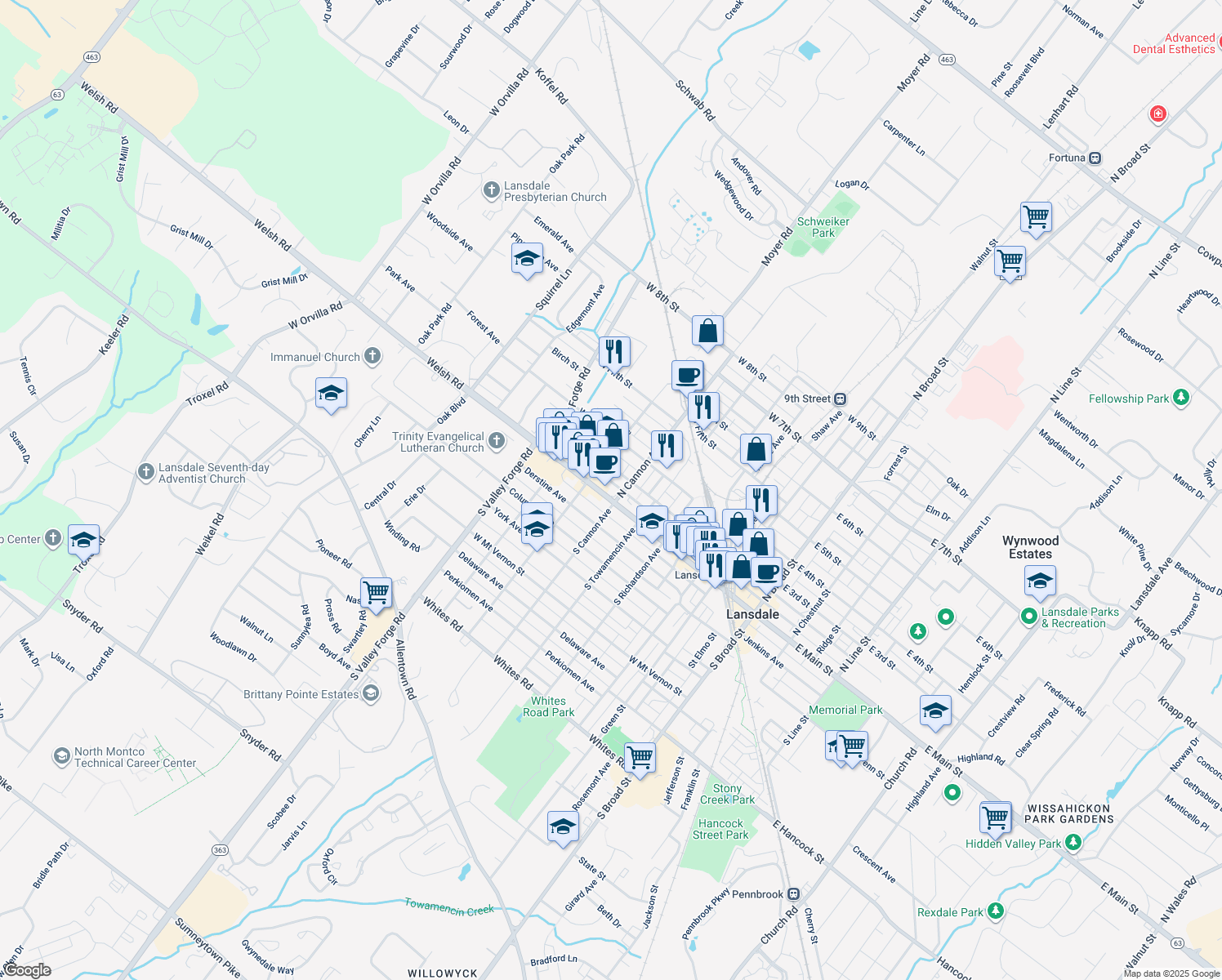 map of restaurants, bars, coffee shops, grocery stores, and more near 703 West Main Street in Lansdale
