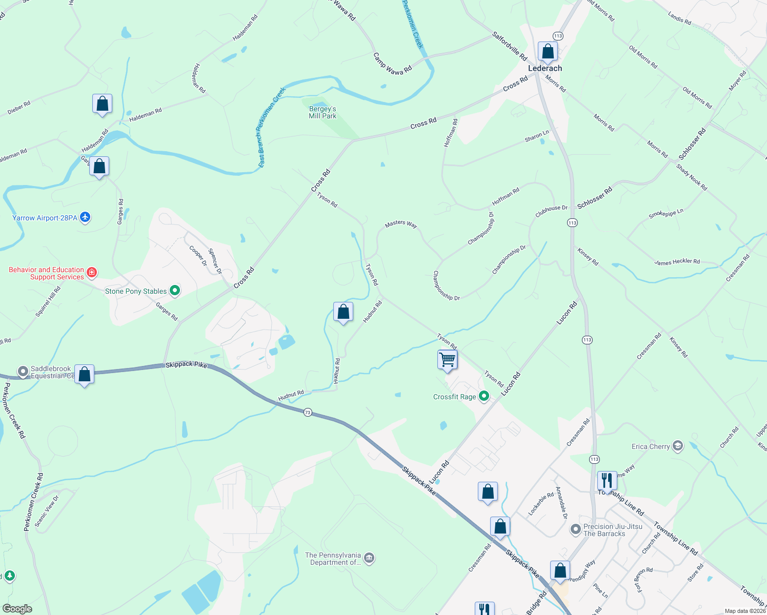 map of restaurants, bars, coffee shops, grocery stores, and more near 980 Hudnut Rd in Schwenksville
