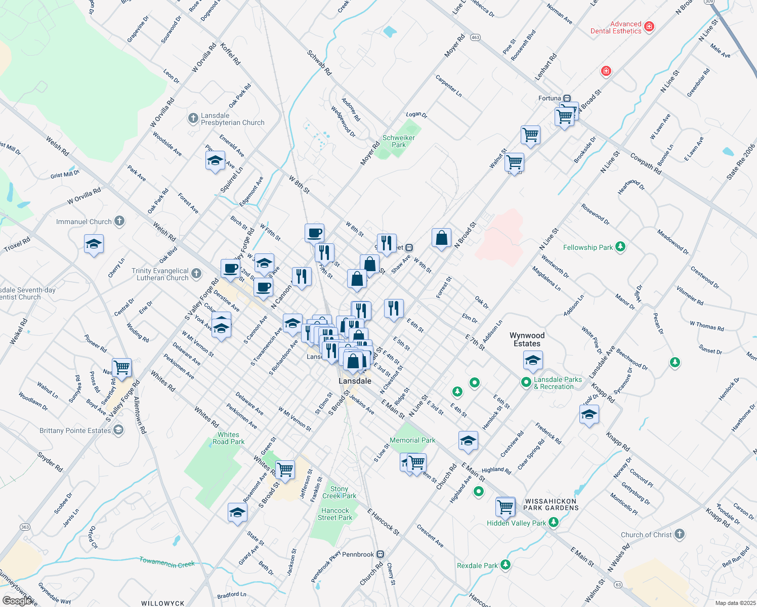 map of restaurants, bars, coffee shops, grocery stores, and more near 532 Walnut Street in Lansdale