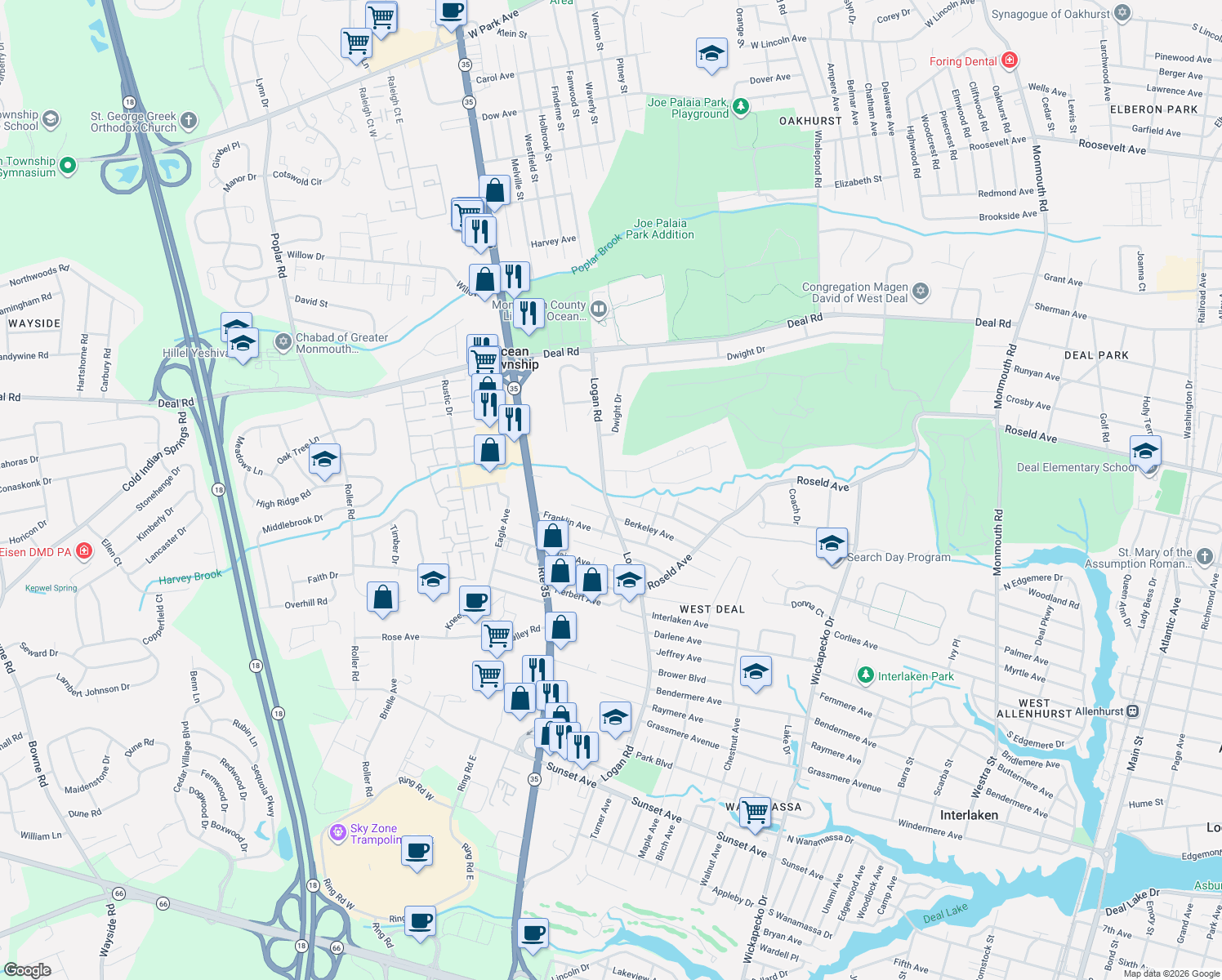 map of restaurants, bars, coffee shops, grocery stores, and more near 2800 Logan Rd in Ocean Township