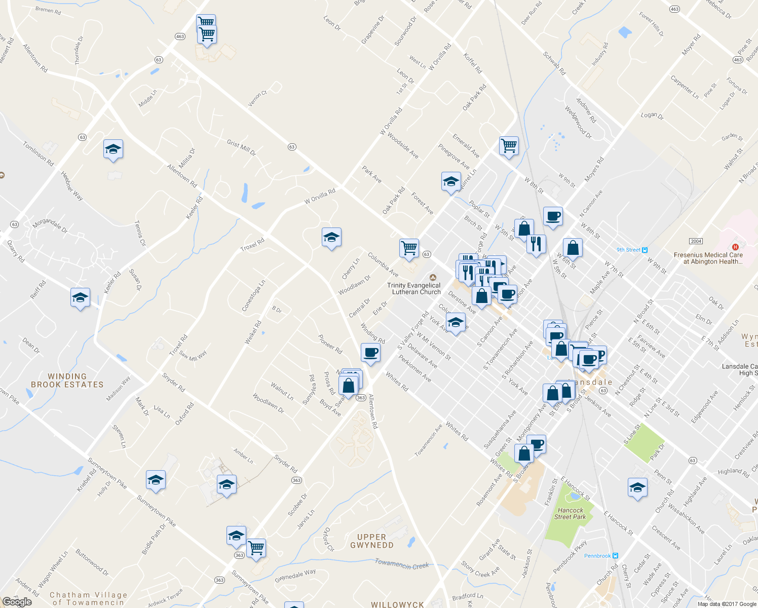 map of restaurants, bars, coffee shops, grocery stores, and more near 323 Erie Drive in Lansdale