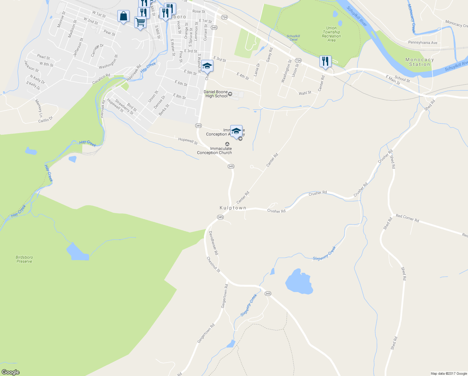 map of restaurants, bars, coffee shops, grocery stores, and more near 985 Chestnut Street in Douglassville