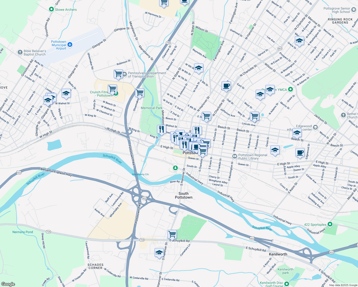 map of restaurants, bars, coffee shops, grocery stores, and more near 120 King Street in Pottstown