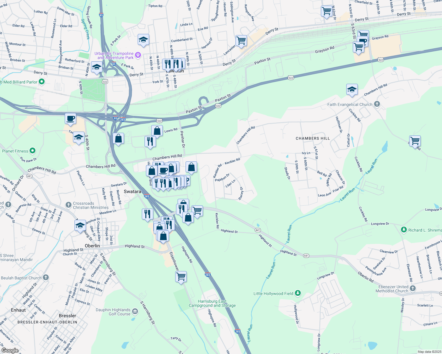 map of restaurants, bars, coffee shops, grocery stores, and more near 5014 Pajabon Drive in Harrisburg