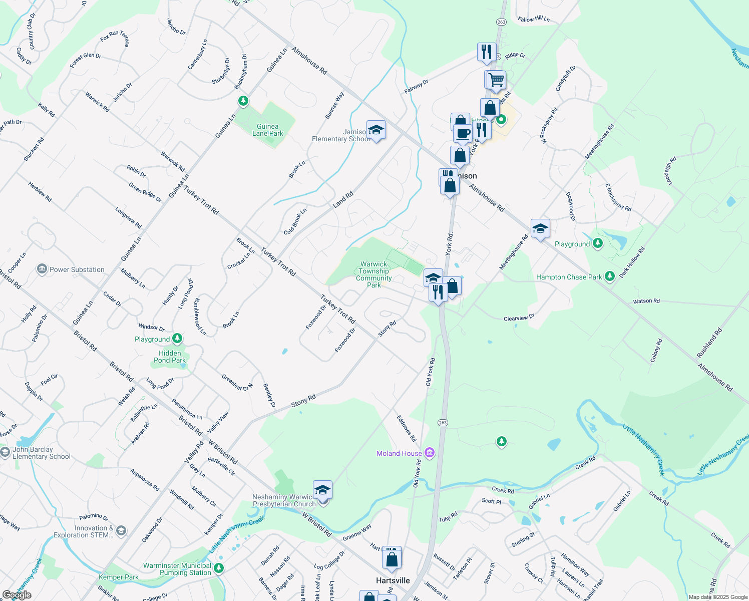 map of restaurants, bars, coffee shops, grocery stores, and more near 1661 Rockcress Drive in Jamison