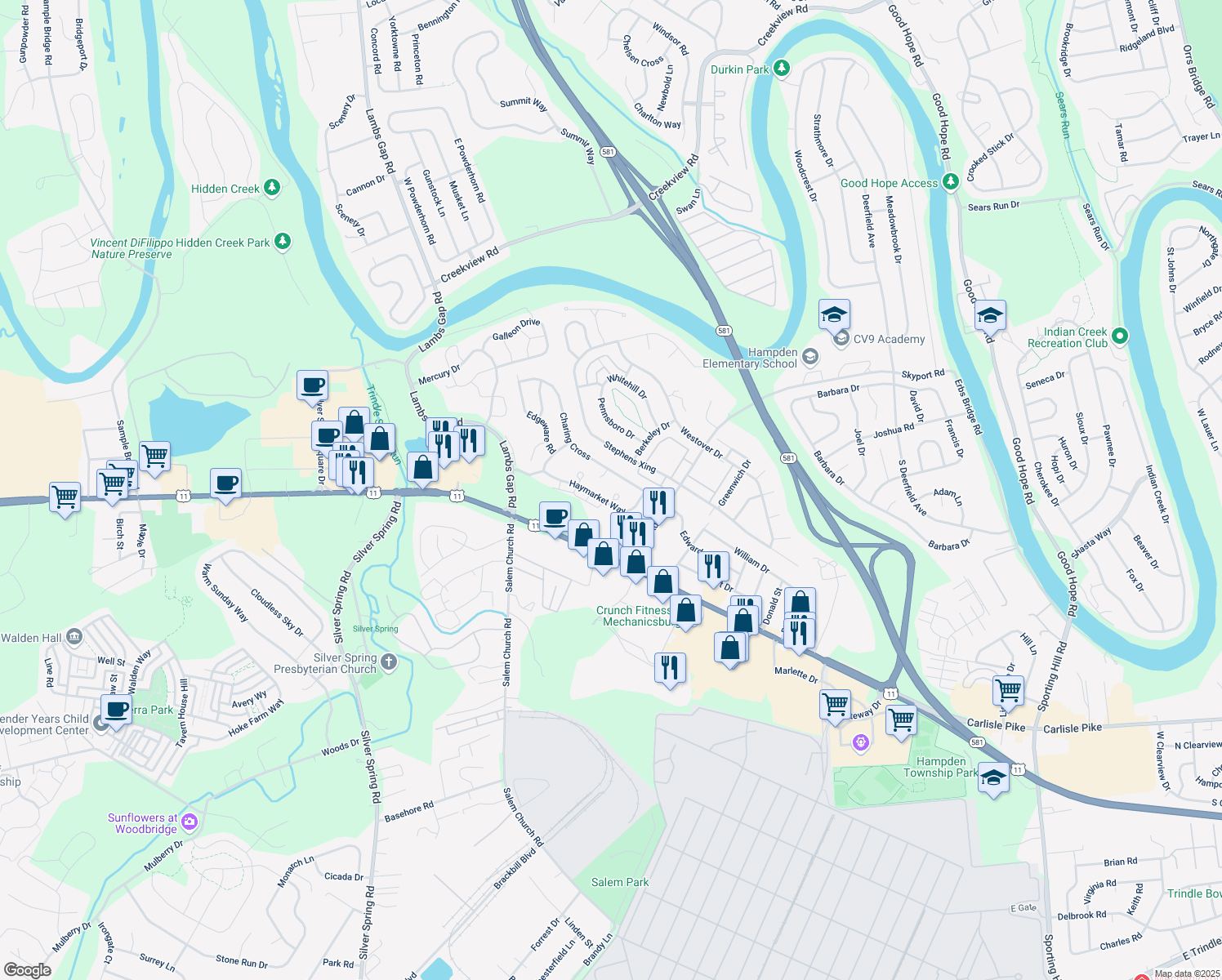 map of restaurants, bars, coffee shops, grocery stores, and more near 6153 Ludgate Cir in Mechanicsburg