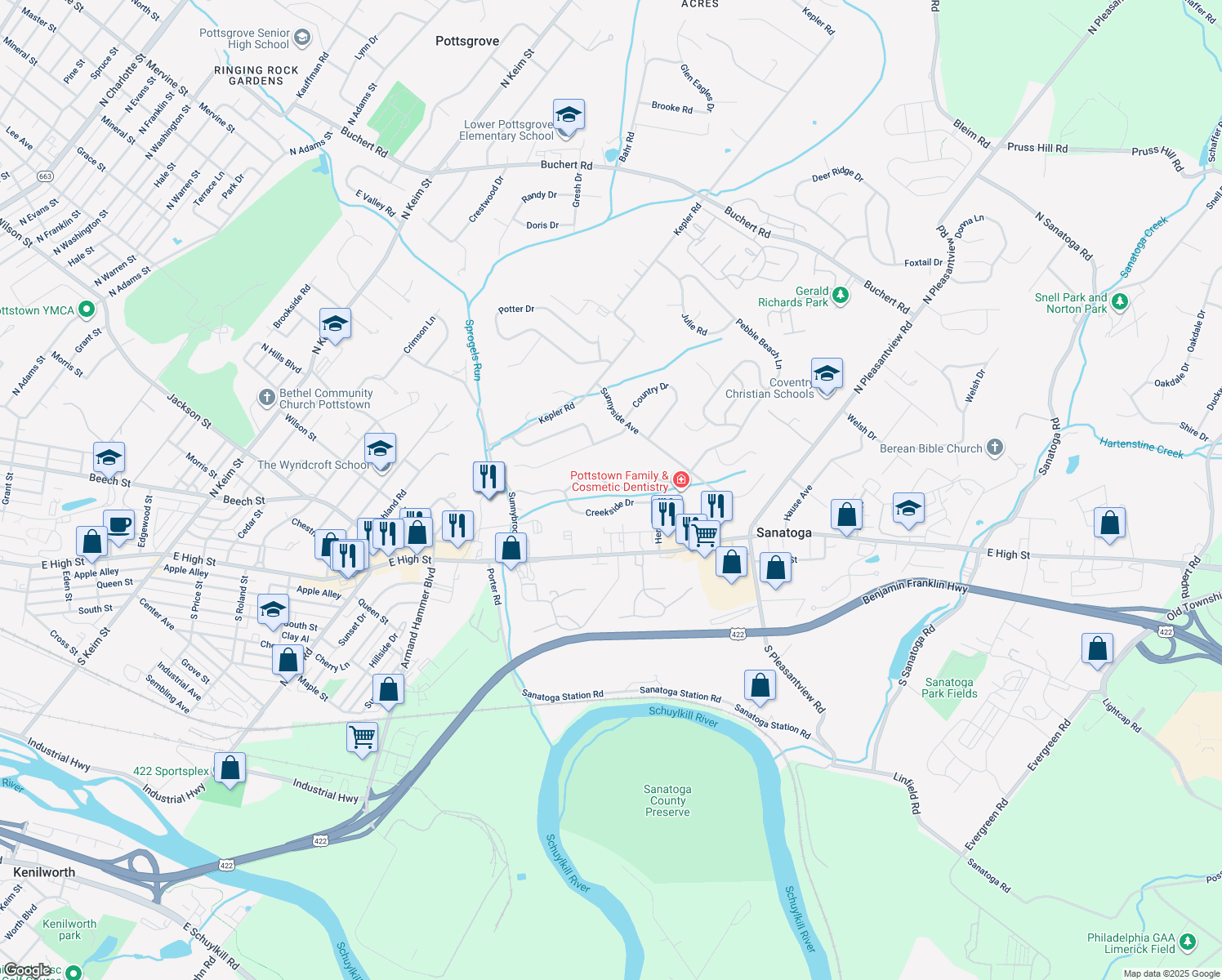 map of restaurants, bars, coffee shops, grocery stores, and more near 78 Brookview Lane in Pottstown