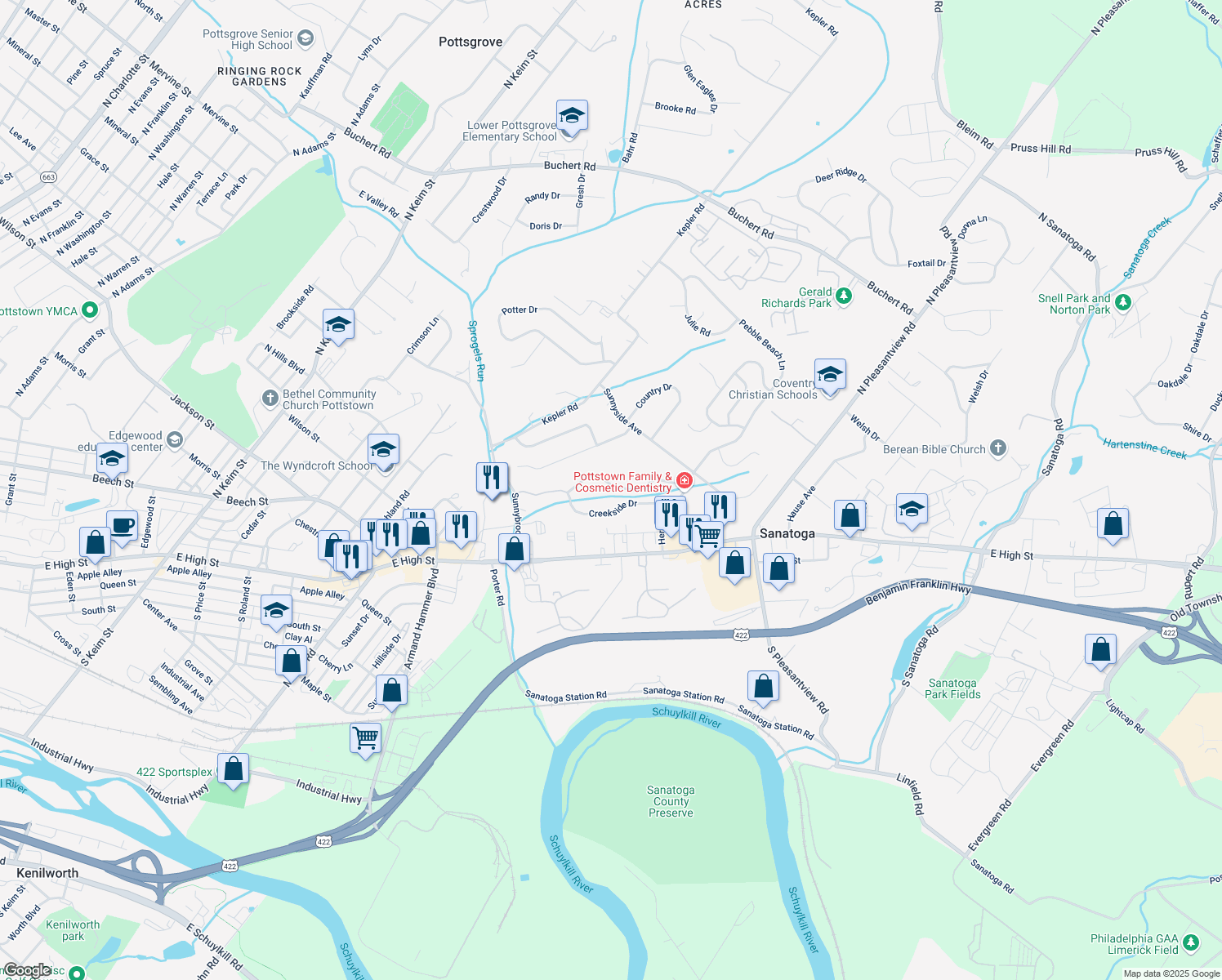 map of restaurants, bars, coffee shops, grocery stores, and more near 76 Brookview Ln in Pottstown