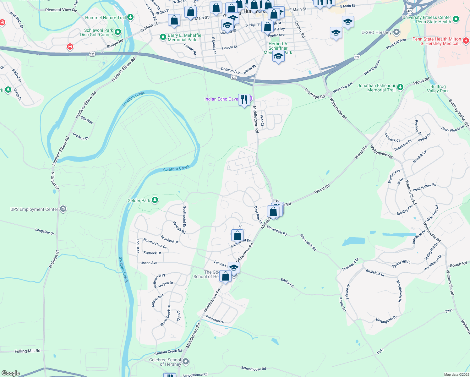map of restaurants, bars, coffee shops, grocery stores, and more near 1902 Limestone Drive in Hummelstown