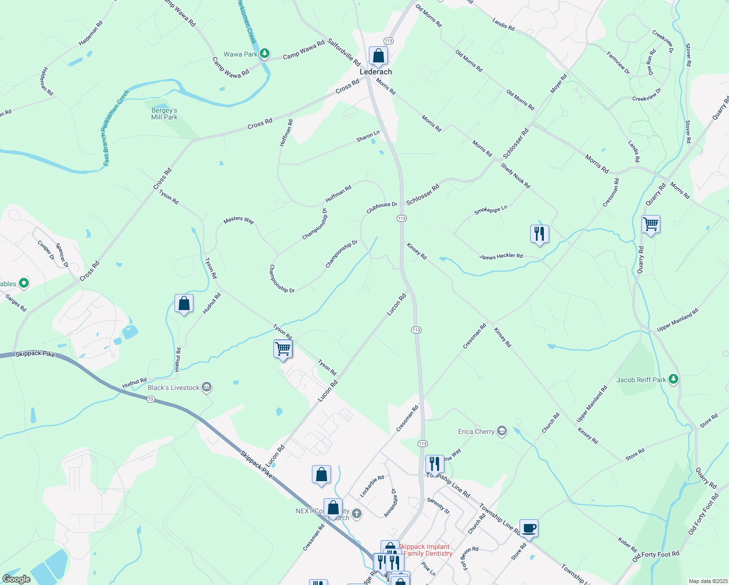 map of restaurants, bars, coffee shops, grocery stores, and more near 934 Clubhouse Dr in Harleysville