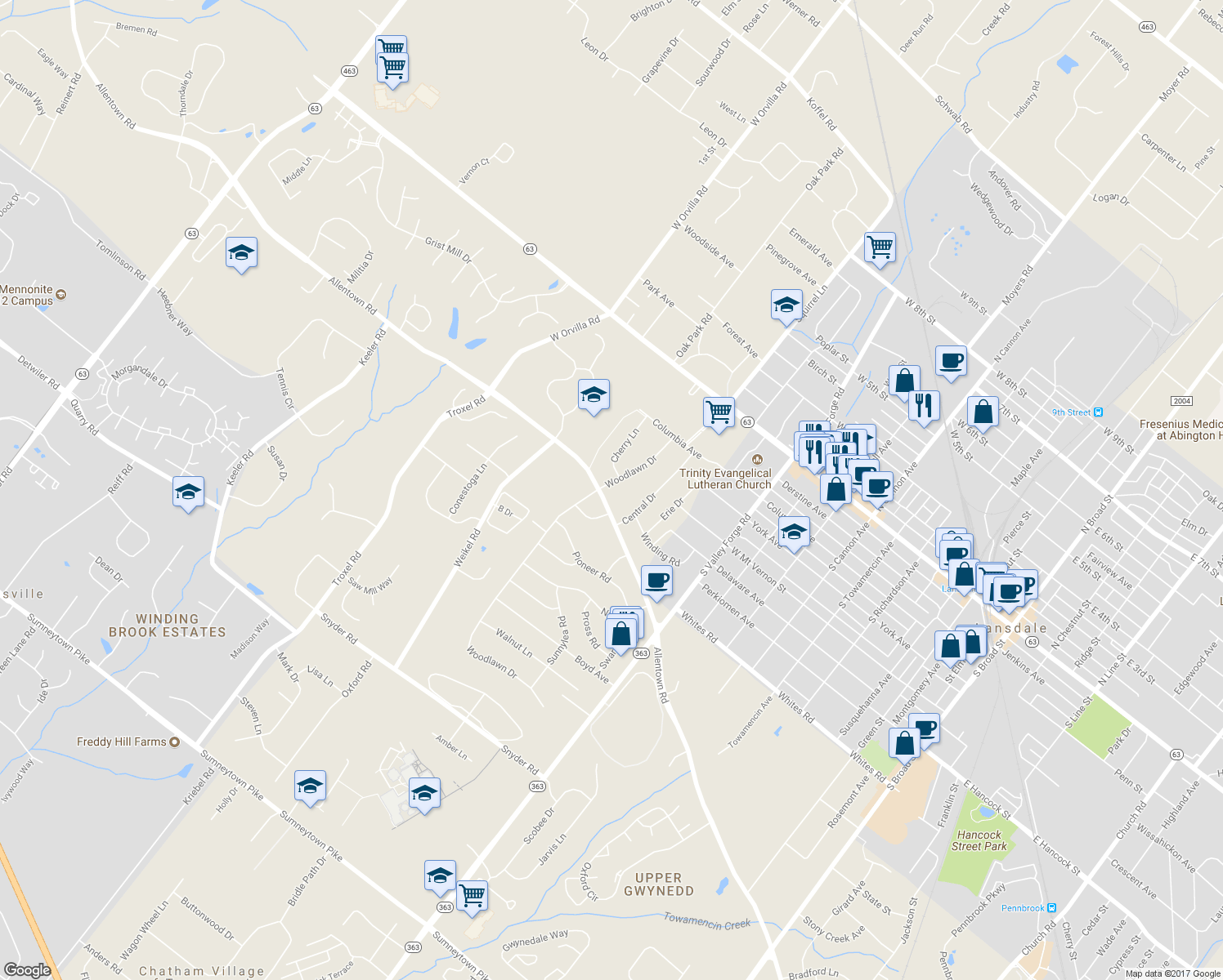 map of restaurants, bars, coffee shops, grocery stores, and more near 260 Woodlawn Drive in Lansdale