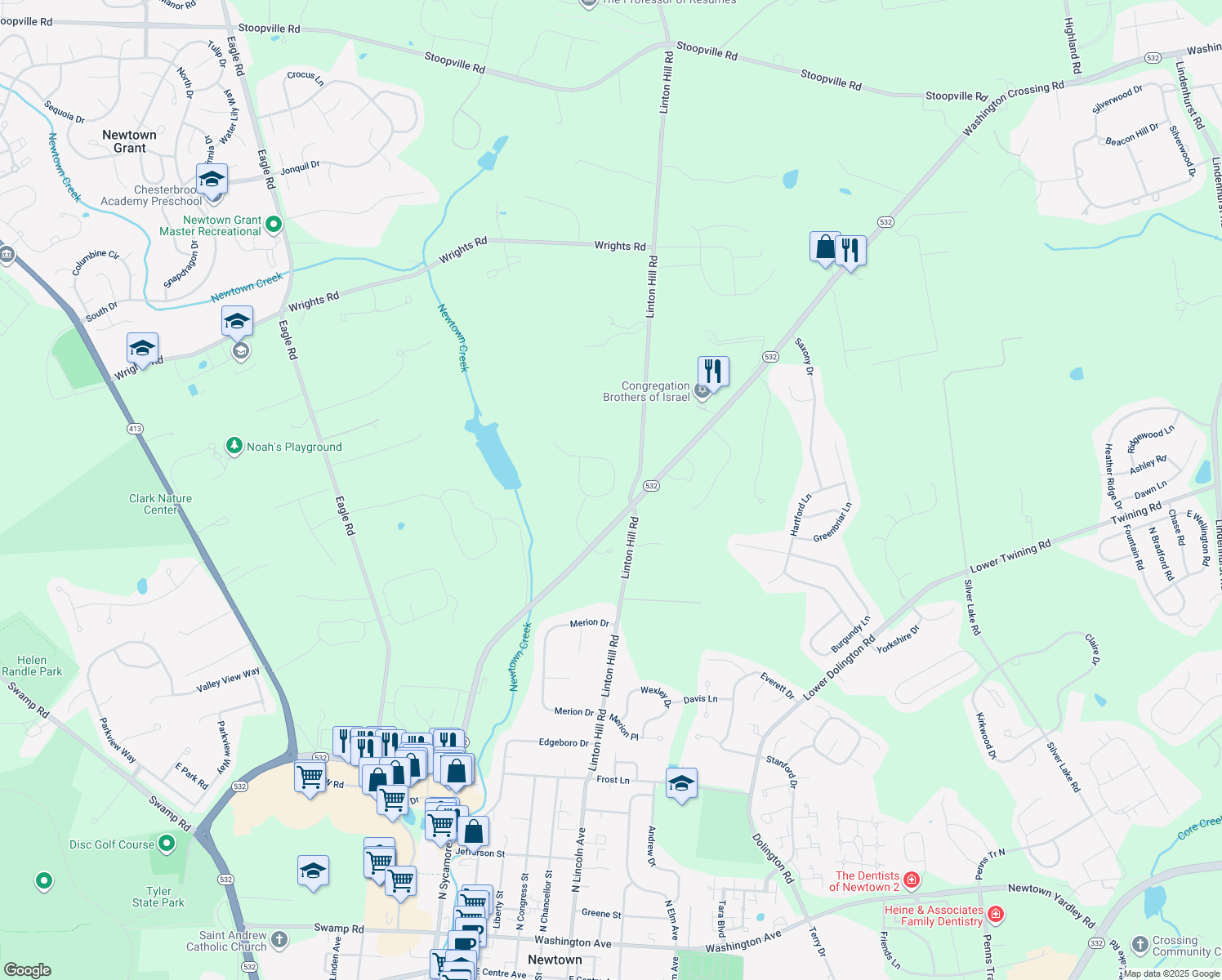 map of restaurants, bars, coffee shops, grocery stores, and more near 21 Bayshore Drive in Newtown