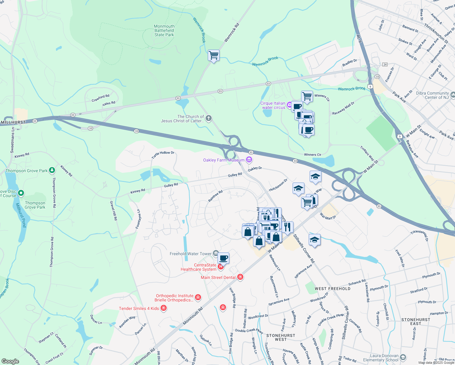 map of restaurants, bars, coffee shops, grocery stores, and more near 149 Tulip Ln in Freehold Township