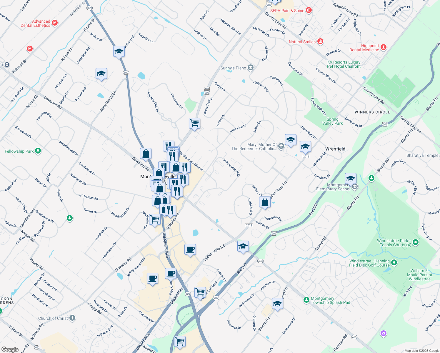 map of restaurants, bars, coffee shops, grocery stores, and more near 408 Stockton Court in North Wales