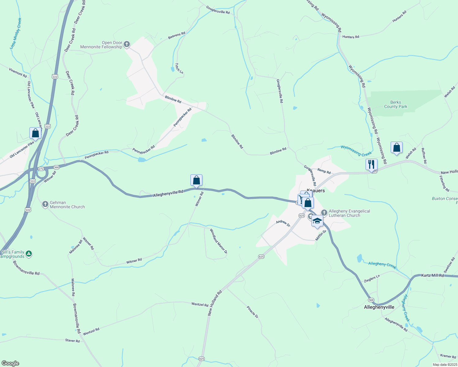 map of restaurants, bars, coffee shops, grocery stores, and more near 1495 Alleghenyville Rd in Mohnton