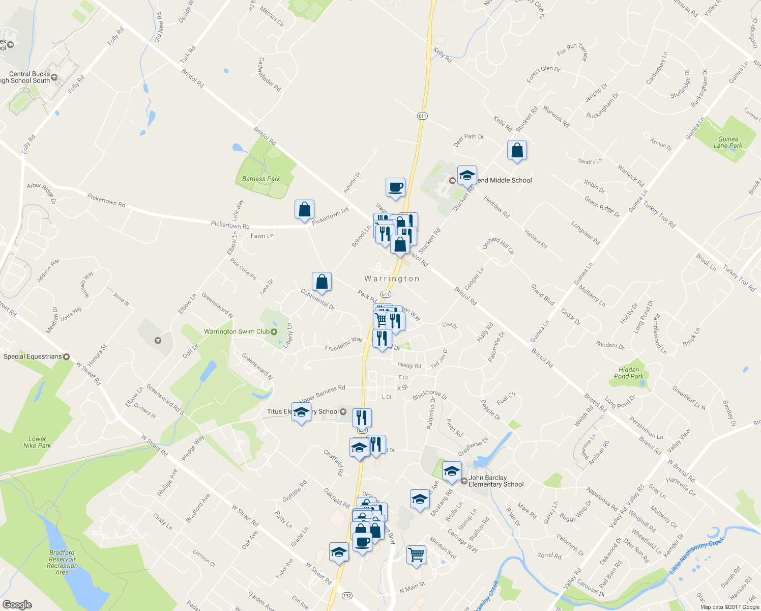 map of restaurants, bars, coffee shops, grocery stores, and more near 1221 Easton Road in Warrington