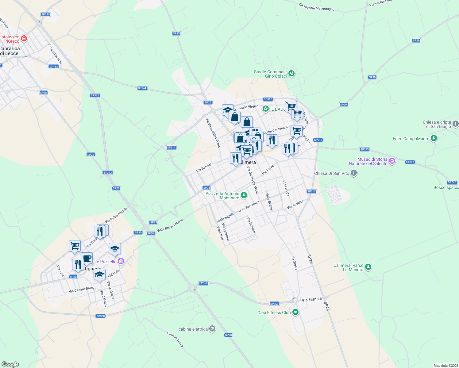 map of restaurants, bars, coffee shops, grocery stores, and more near 89-91 Via Castriota in Calimera