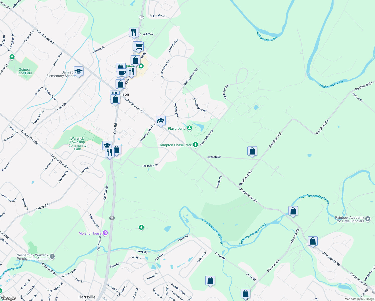 map of restaurants, bars, coffee shops, grocery stores, and more near 1204 Almshouse Road in Jamison
