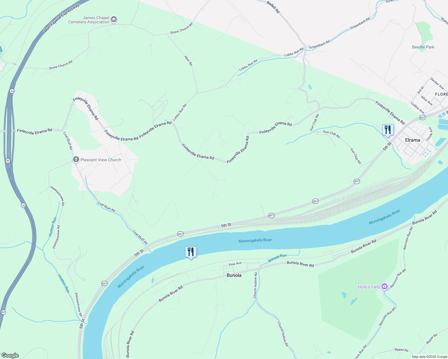 map of restaurants, bars, coffee shops, grocery stores, and more near 5 Saw Mill Road in Finleyville