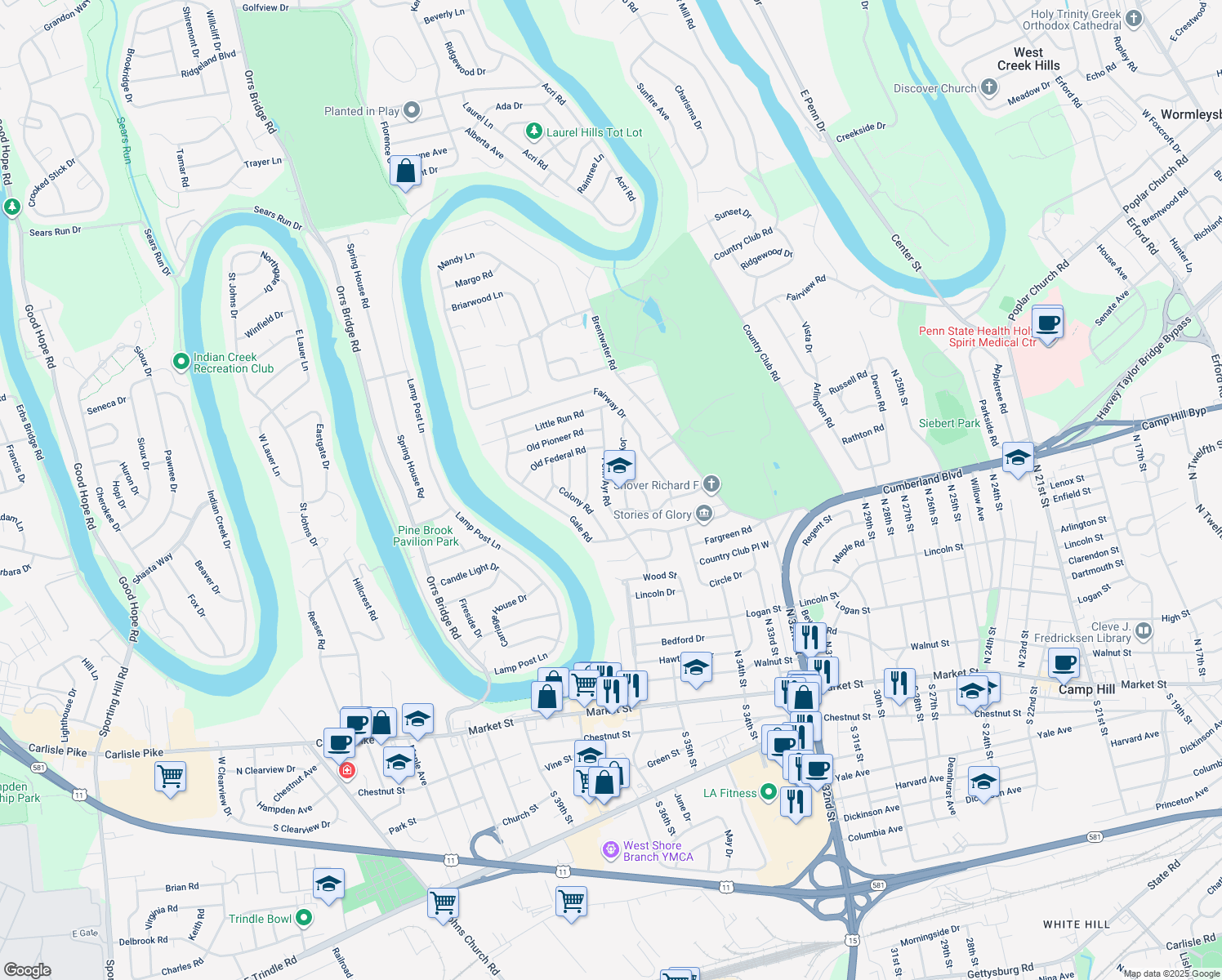 map of restaurants, bars, coffee shops, grocery stores, and more near 513 Penn Ayr Road in Camp Hill