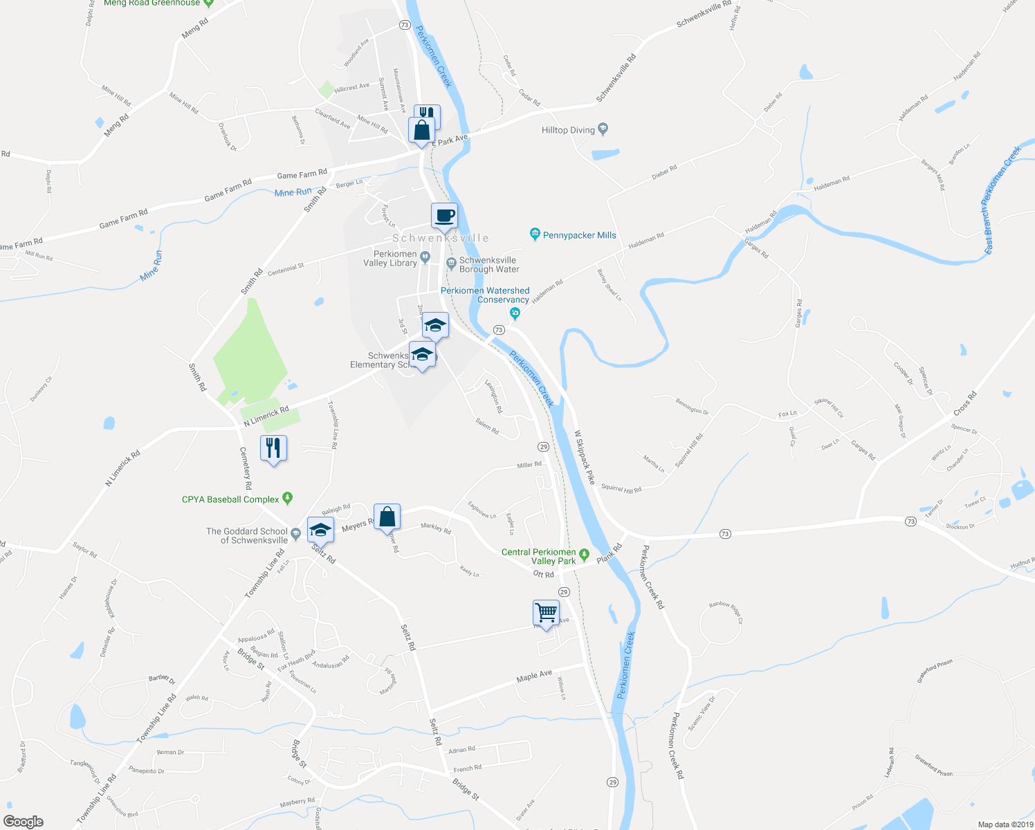 map of restaurants, bars, coffee shops, grocery stores, and more near 184 Lexington Road in Schwenksville