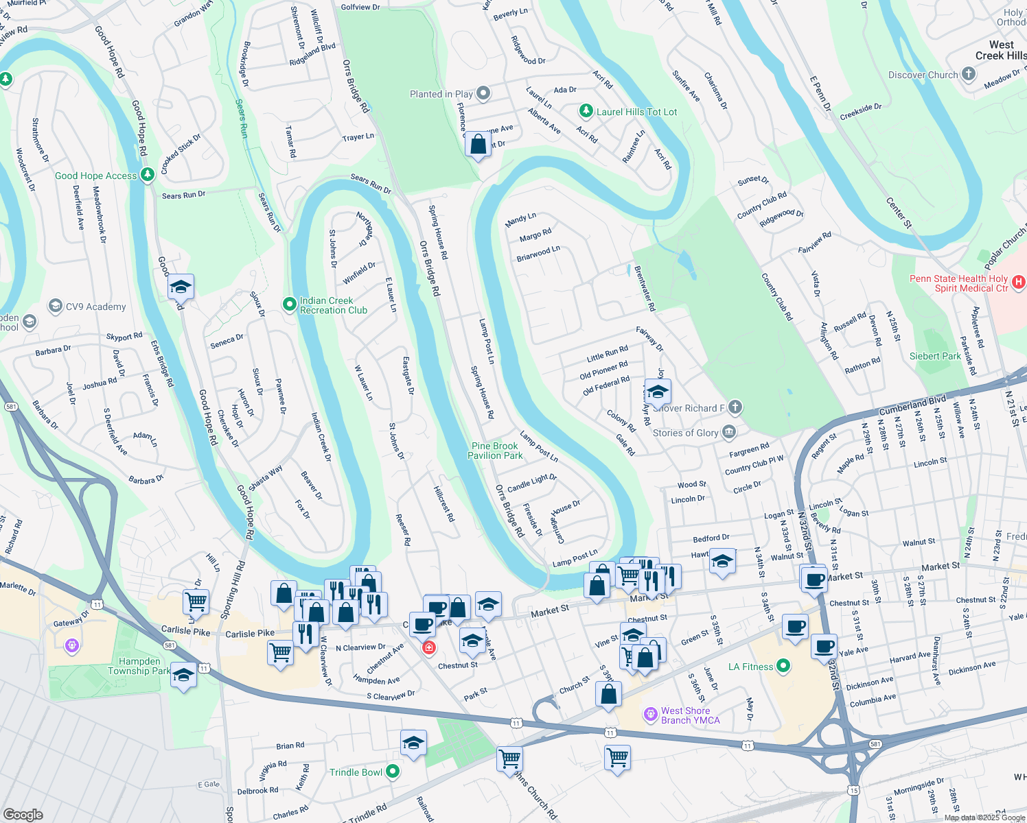 map of restaurants, bars, coffee shops, grocery stores, and more near 404 Lamp Post Ln in Camp Hill