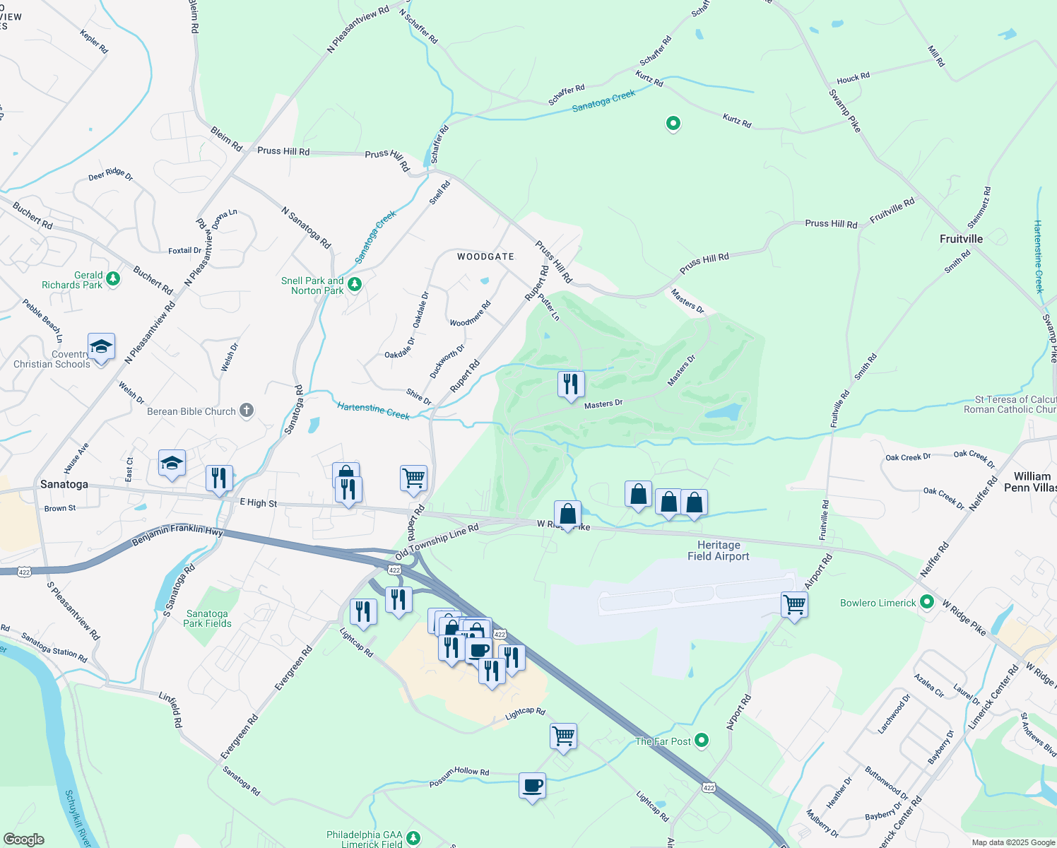 map of restaurants, bars, coffee shops, grocery stores, and more near 80 Masters Drive in Pottstown
