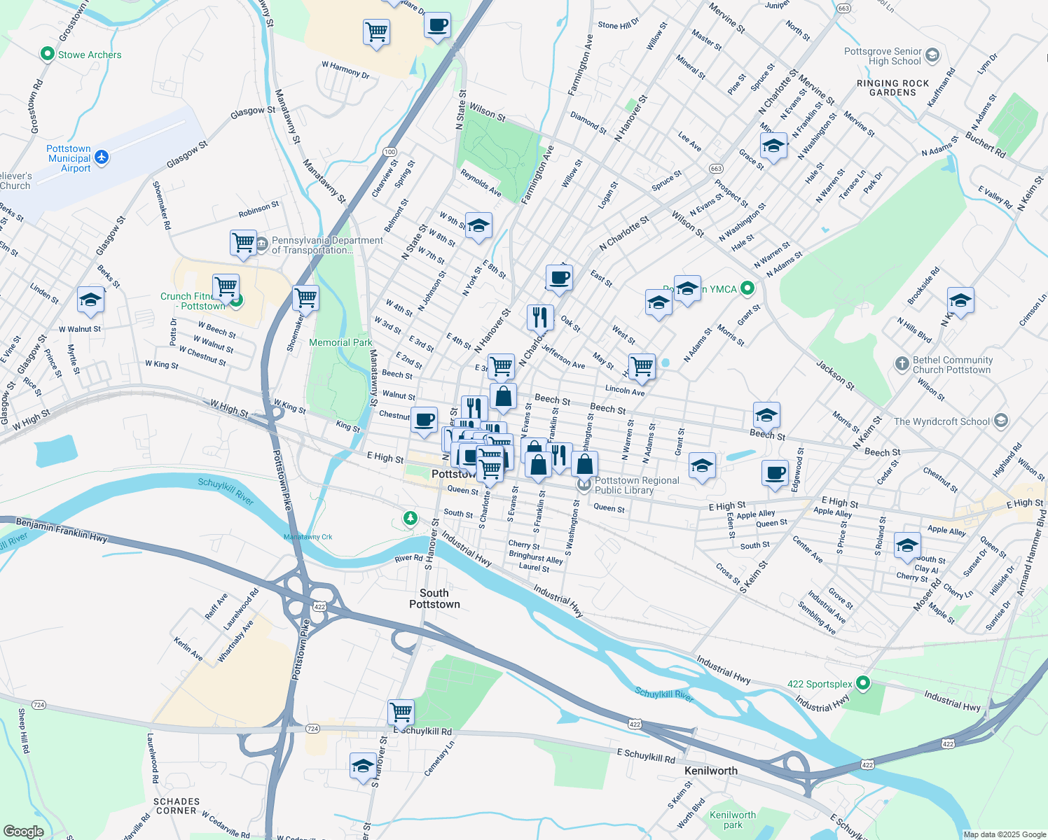 map of restaurants, bars, coffee shops, grocery stores, and more near 340 Walnut Street in Pottstown