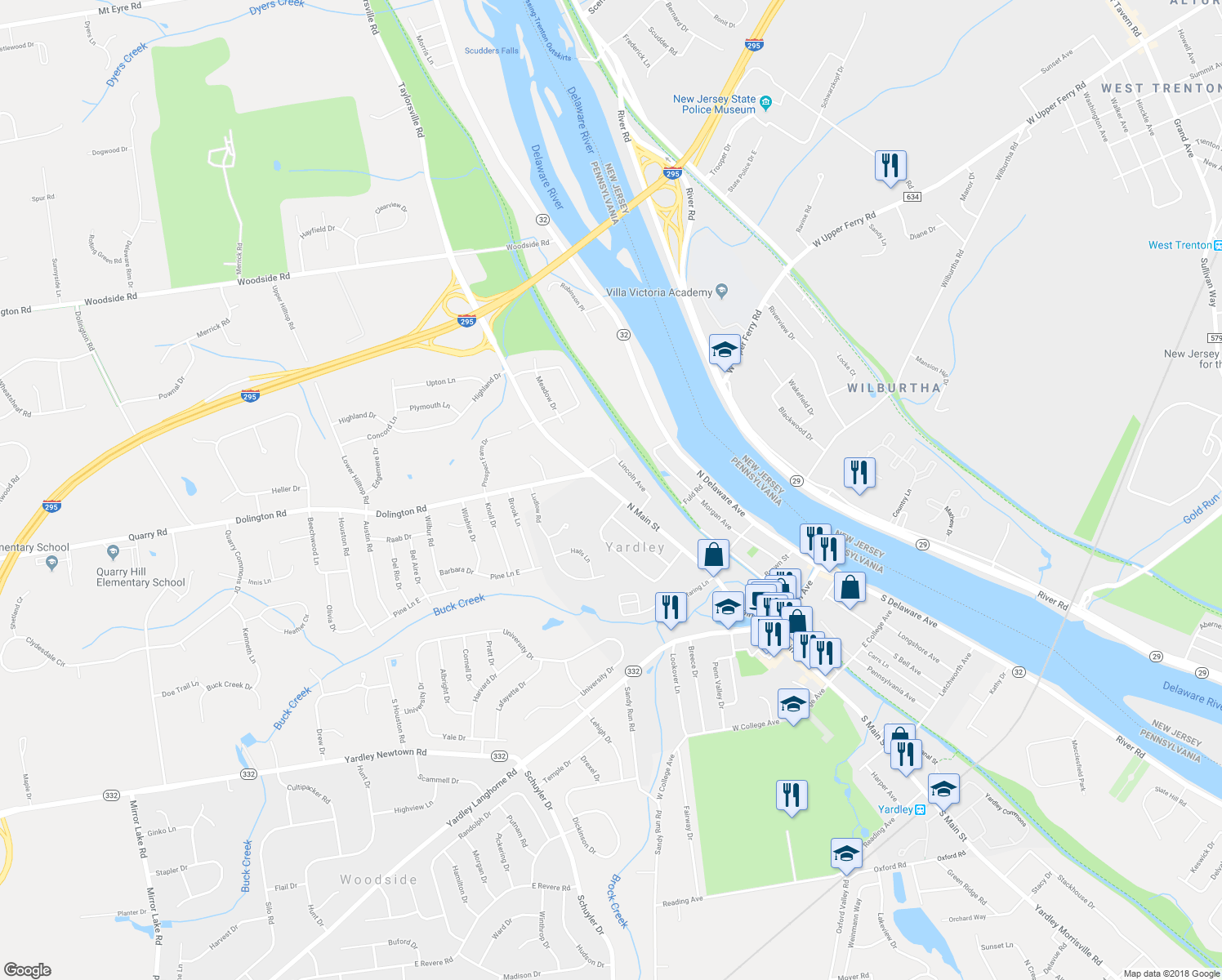 map of restaurants, bars, coffee shops, grocery stores, and more near 171 North Main Street in Yardley