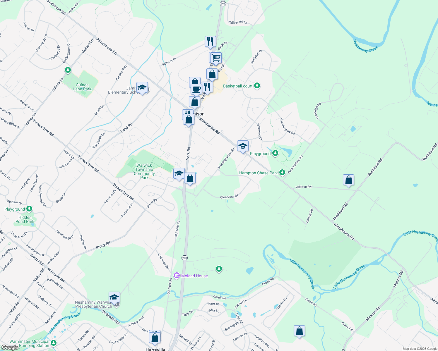 map of restaurants, bars, coffee shops, grocery stores, and more near 2091 Meetinghouse Road in Jamison