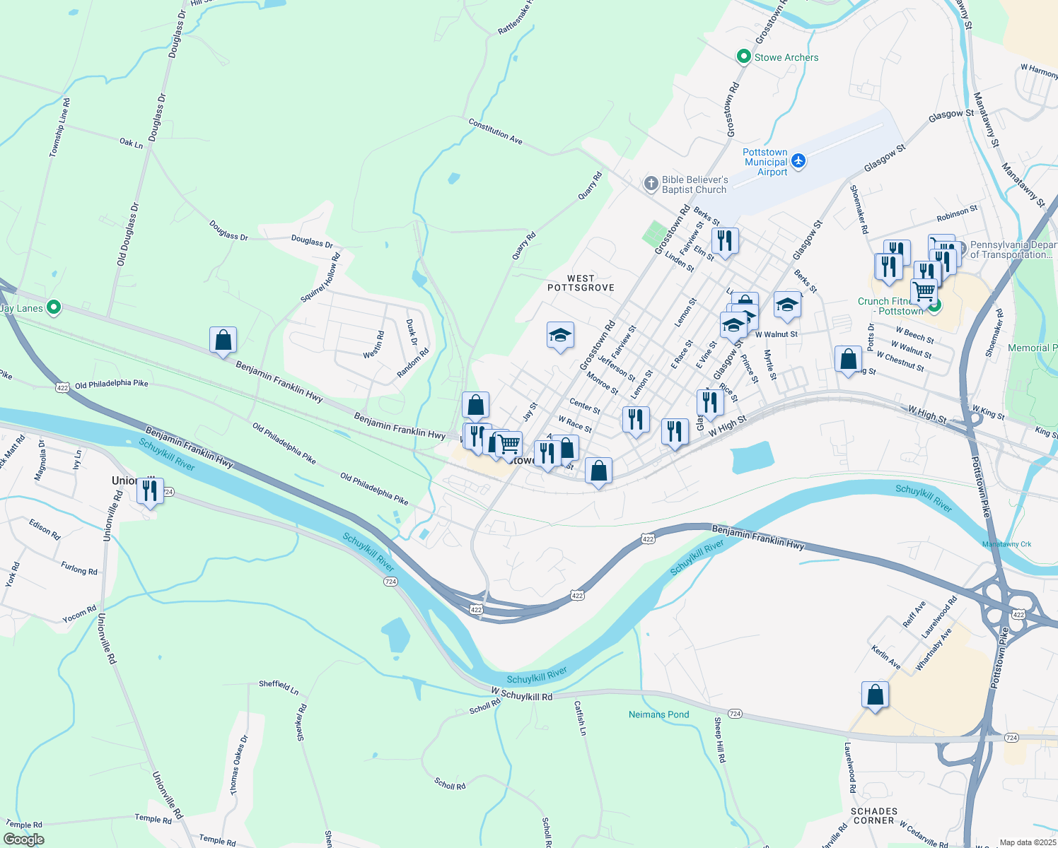 map of restaurants, bars, coffee shops, grocery stores, and more near 138 Jay Street in Pottstown