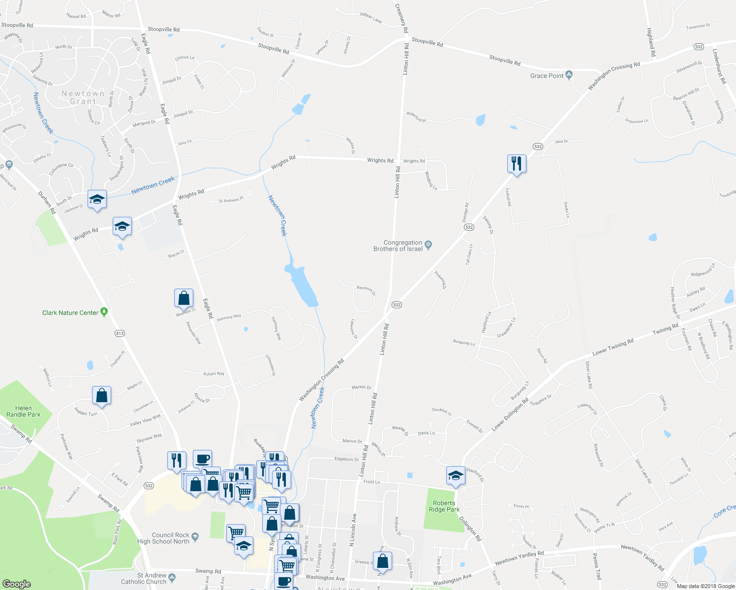 map of restaurants, bars, coffee shops, grocery stores, and more near 23 Bayshore Drive in Newtown