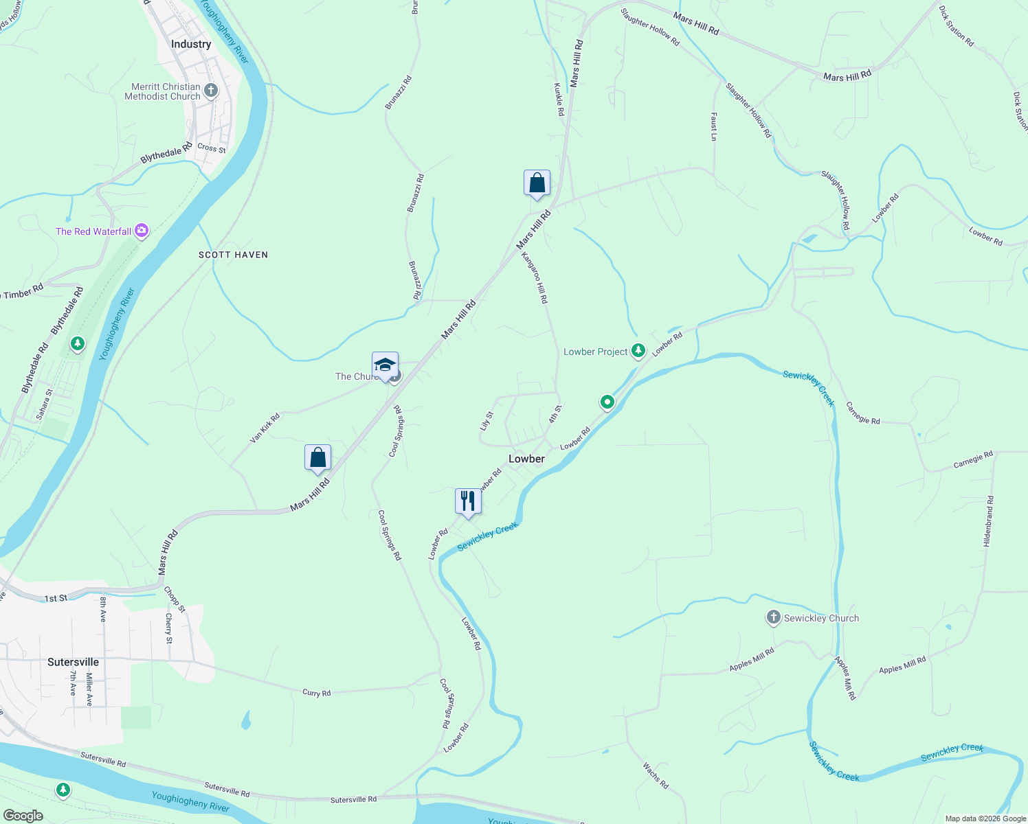map of restaurants, bars, coffee shops, grocery stores, and more near 126 Daisy Street in Lowber