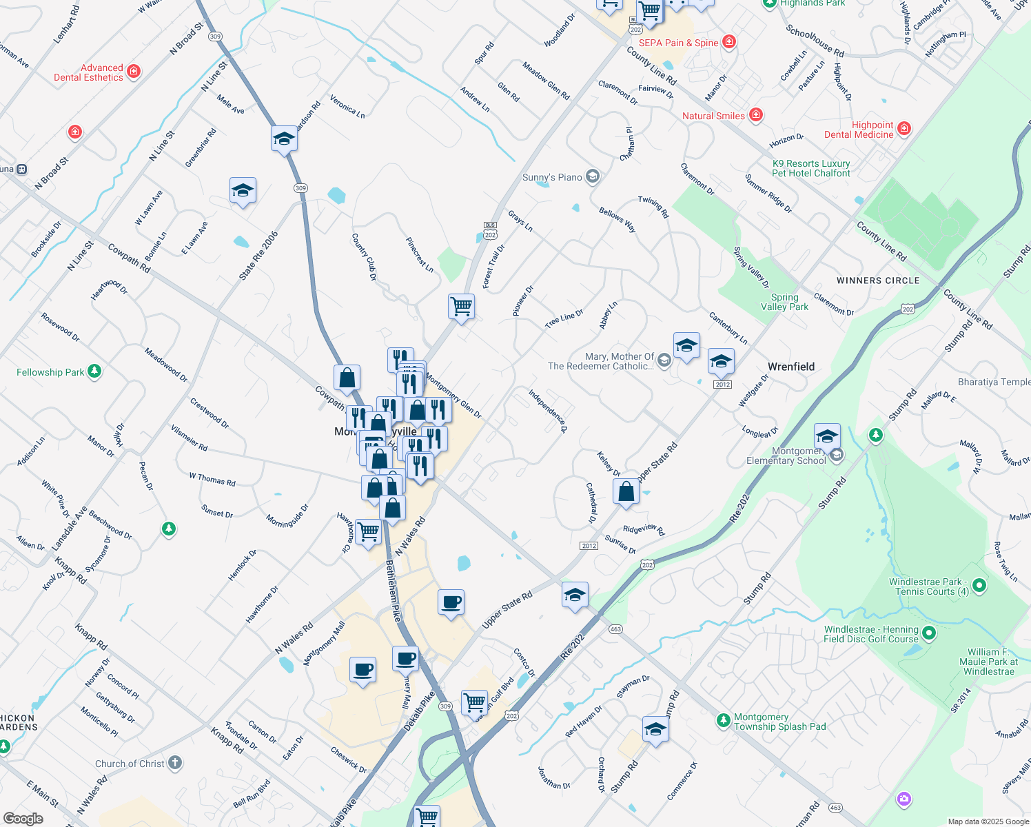 map of restaurants, bars, coffee shops, grocery stores, and more near 207 Stockton Court in North Wales