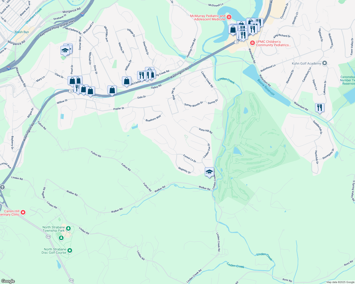 map of restaurants, bars, coffee shops, grocery stores, and more near 4008 Bentwood Drive in Canonsburg