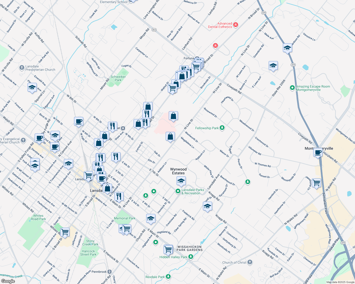 map of restaurants, bars, coffee shops, grocery stores, and more near 1405 North Line Street in Lansdale
