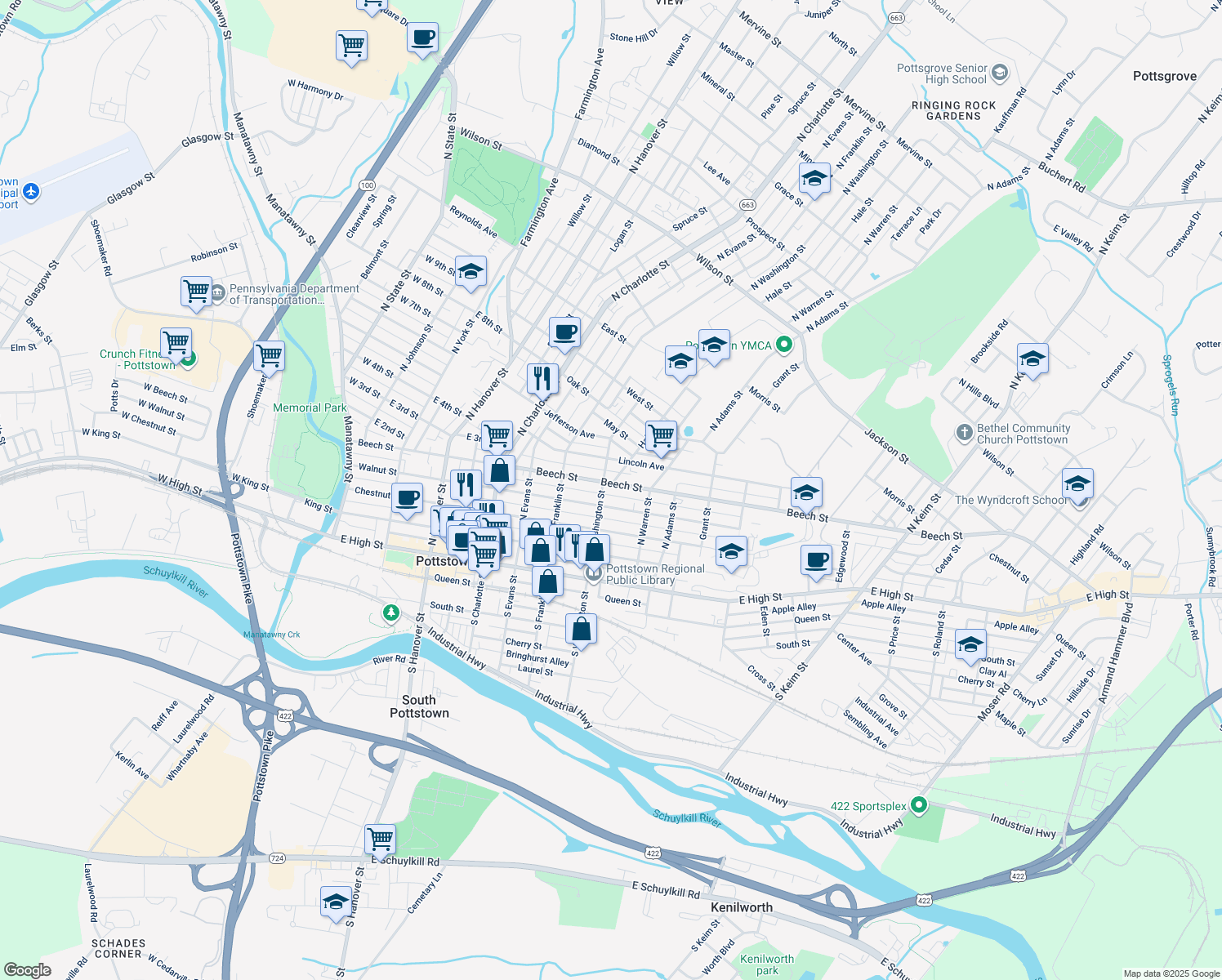 map of restaurants, bars, coffee shops, grocery stores, and more near 510 Beech Street in Pottstown