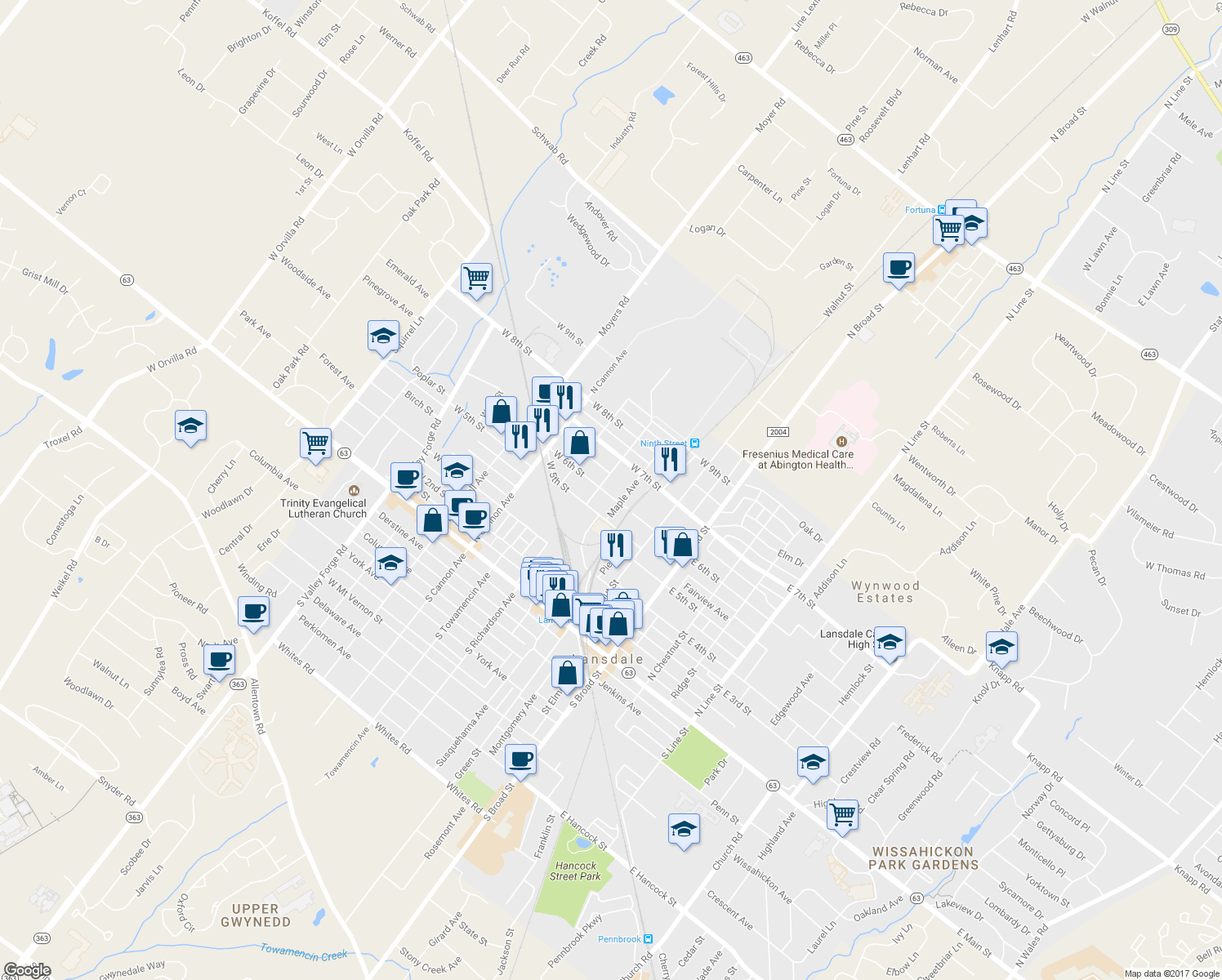 map of restaurants, bars, coffee shops, grocery stores, and more near 215 West 6th Street in Lansdale