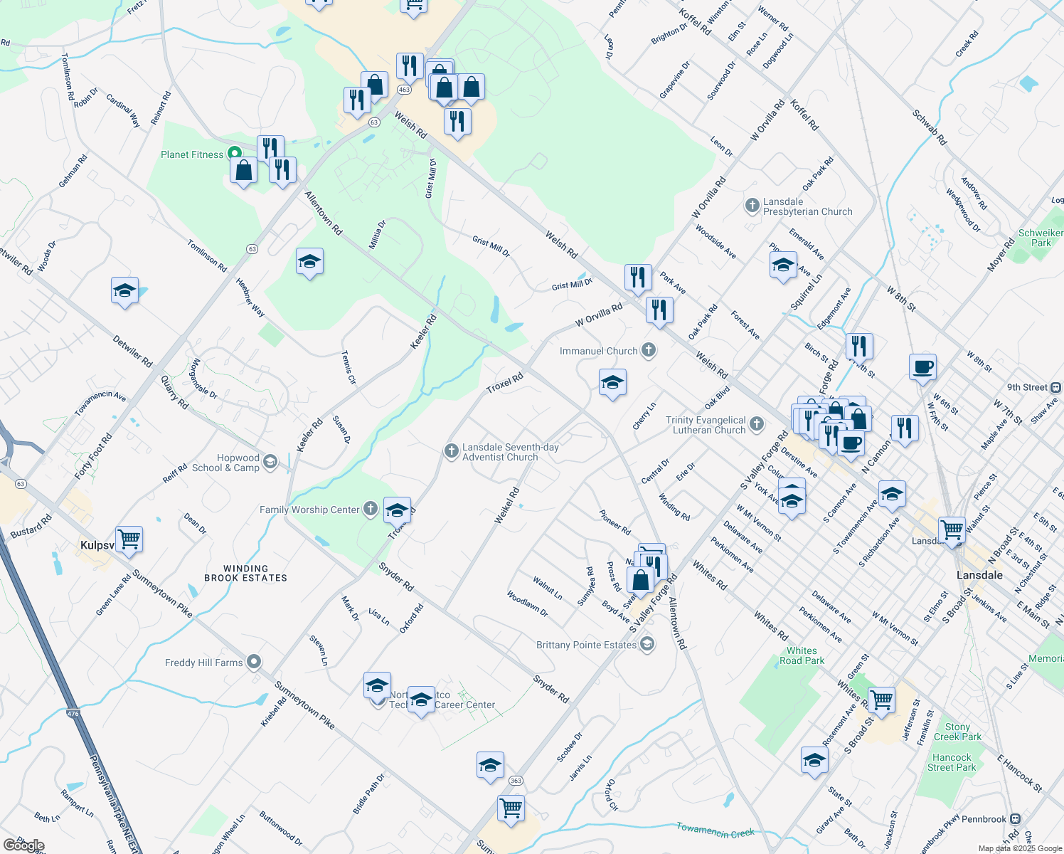 map of restaurants, bars, coffee shops, grocery stores, and more near 607 Salem Way in Lansdale