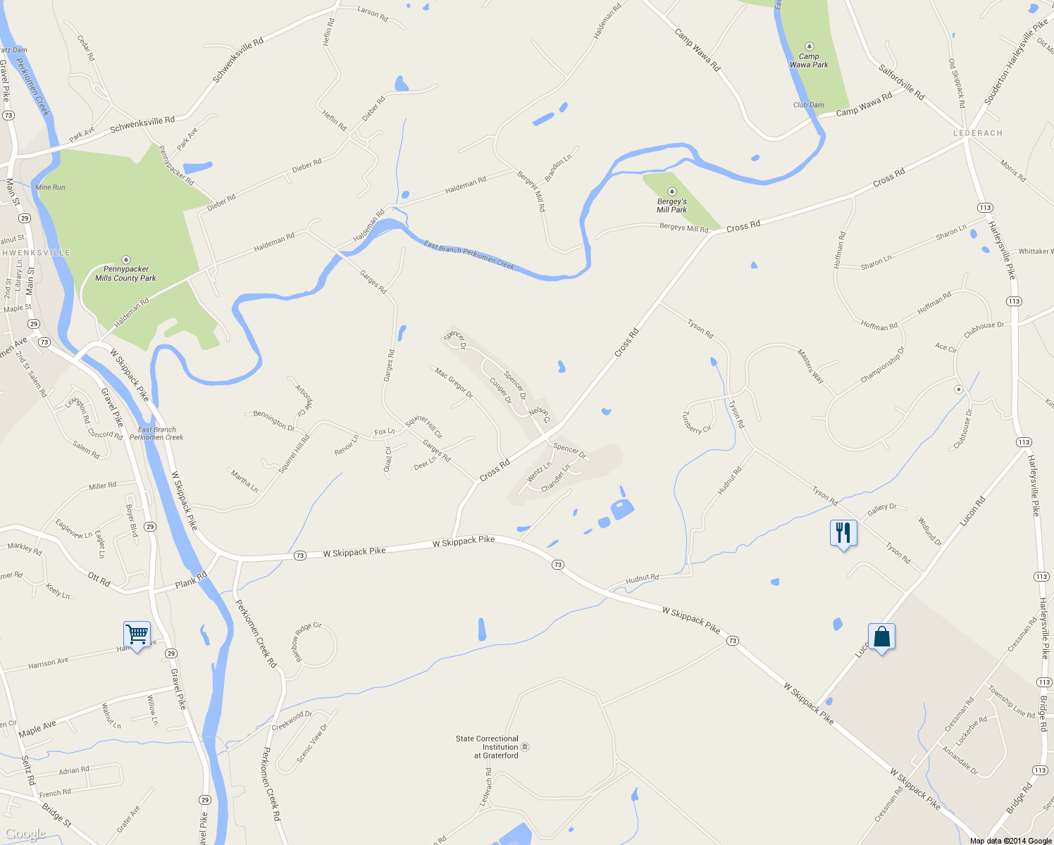 map of restaurants, bars, coffee shops, grocery stores, and more near 2244 Cooper Dr in Schwenksville