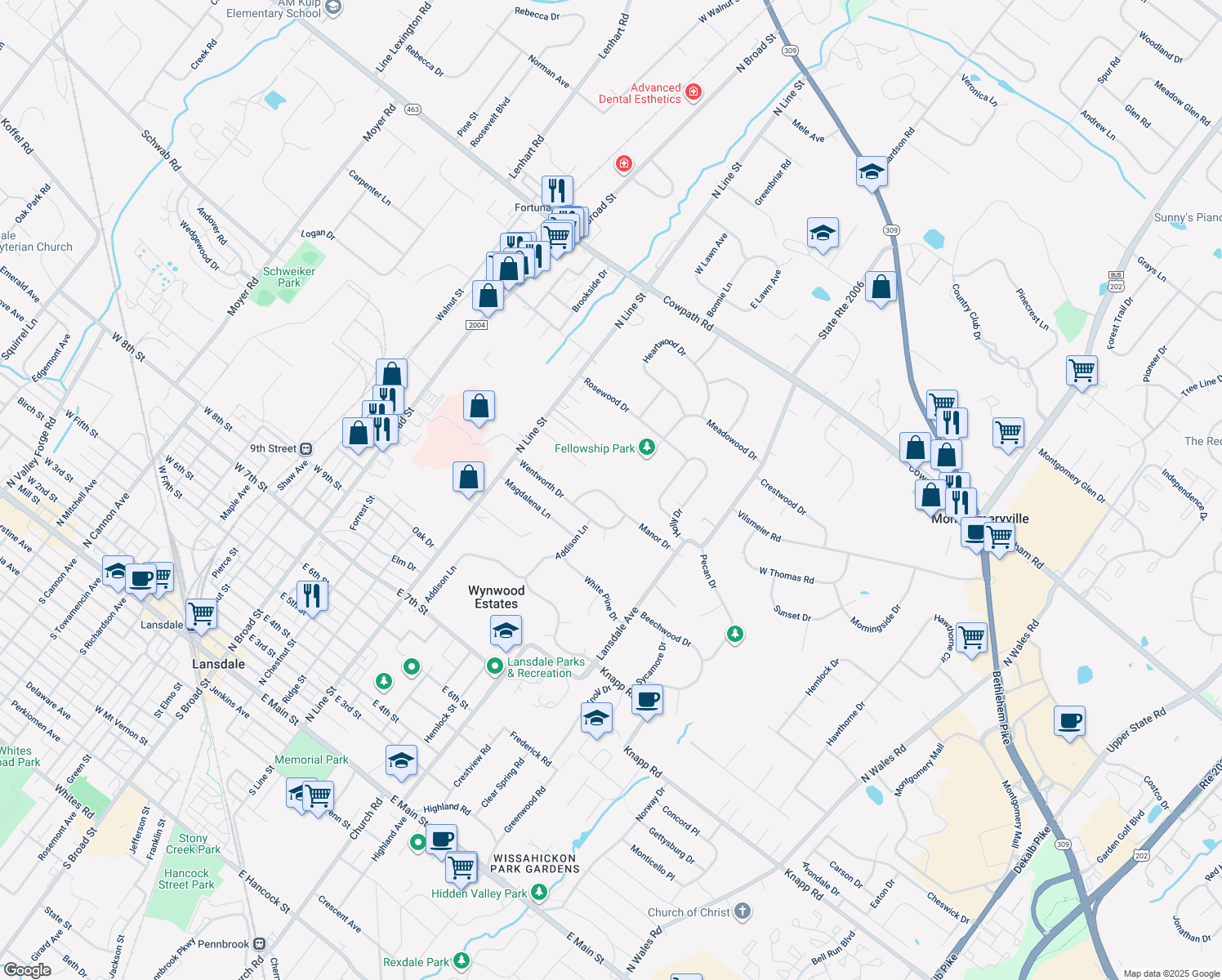 map of restaurants, bars, coffee shops, grocery stores, and more near 111 Manor Drive in Lansdale