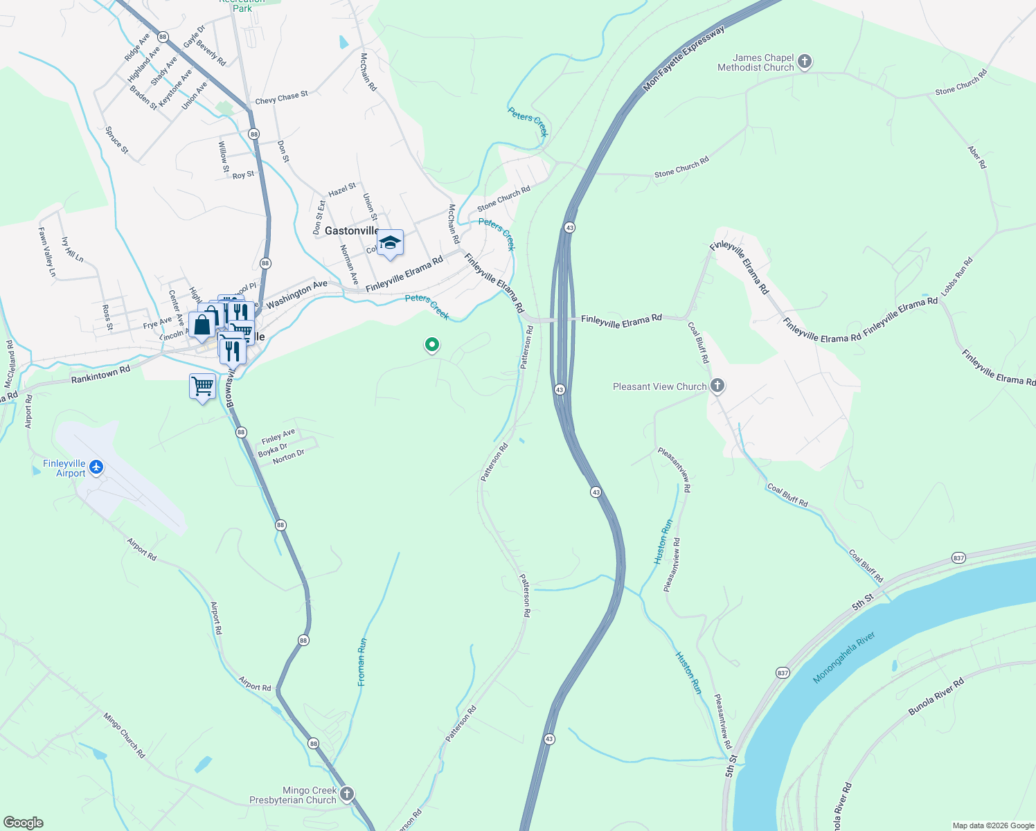 map of restaurants, bars, coffee shops, grocery stores, and more near 346 Patterson Road in Finleyville
